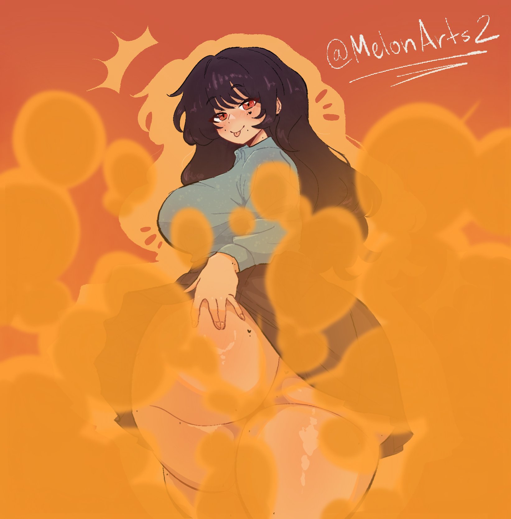 :p, 1girls, alternate version available, ass, big ass, big breasts, black hair, blush, breasts, breasts bigger than head, bubble ass, bubble butt, fart, fart cloud, fart fetish, farting, farting at viewer, fat ass, female, hand on ass, heart symbol, huge ass, huge fart, looking back, melonarts (character), melonarts2 (artist), miloartses, mole, mole on ass, moles, moles under eyes, no panties, red eyes, seductive, seductive look, seductive pose, seductive smile, simple background, smile, thick ass, tongue, tongue out, upskirt