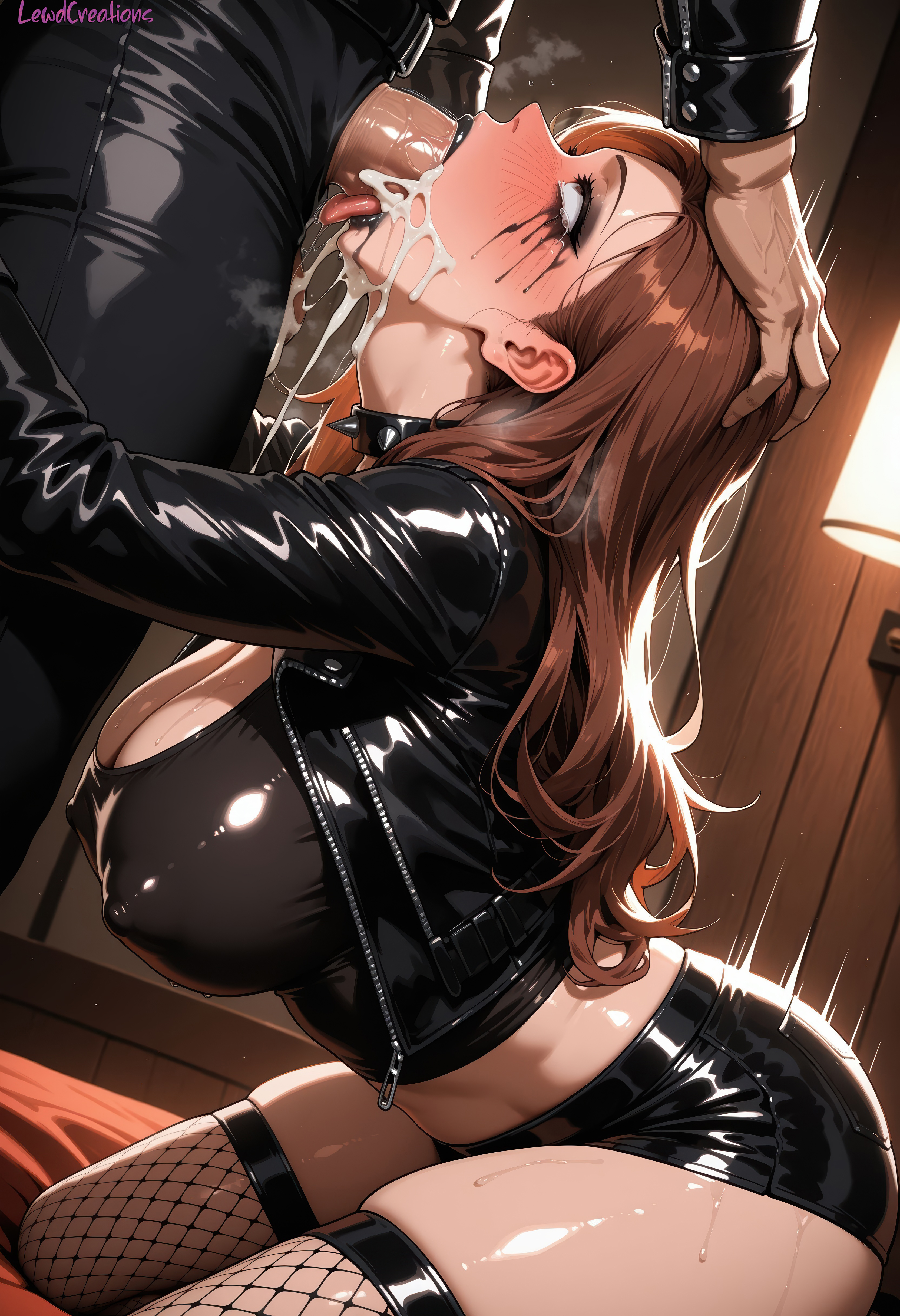 1boy, 1girls, absurd res, ai generated, big breasts, black lipstick, blaze fielding, blowjob, blowjob face, blush, blush lines, breasts, brown eyes, brown hair, covered nipples, cum, cum drip, cum dripping, cum dripping down chin, cum in mouth, cum inside, cumdrip, cumshot, curvy, curvy figure, deep blowjob, deep penetration, deep skin, deep throat, deepthroat, female, fishnet legwear, fishnets, goth, goth girl, gothic, head grab, high resolution, highres, irrumatio, kneeling, leather, leather jacket, lewdcreationsai, light skin, light-skinned female, male, penis, running mascara, runny makeup, sega, sexually suggestive, spiked collar, stable diffusion, steam, steaming body, steamy breath, streets of rage, sweat, sweatdrop, sweating, sweaty, tagme, tears, thick, thick legs, thick thighs, thighs