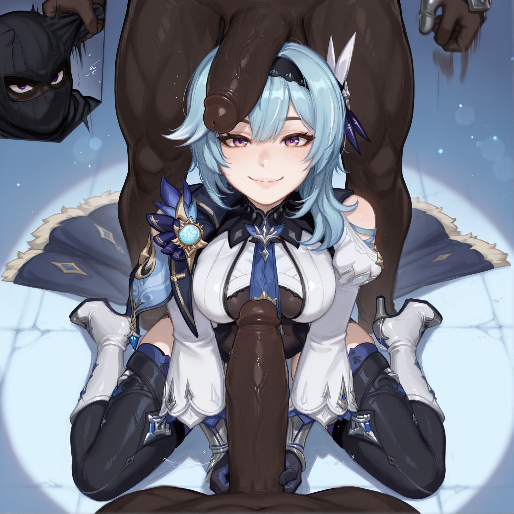 2boys, ai generated, bangs, black gloves, blue hair, blue necktie, blush, bodystocking, boots, breasts, brokewyt, closed mouth, clothed female nude male, dark skin, dark-skinned male, erection, eula (genshin impact), female, genshin impact, gloves, hair ornament, hairband, high heel boots, high heels, hilichurls (species), imminent rape, interracial, large breasts, large penis, long sleeves, looking at viewer, mask, medium hair, mmf threesome, multiple boys, multiple penises, navel, necktie, nude, penis, penis awe, pov, purple eyes, sitting, smile, solo focus, straight, thigh boots, thighhighs, threesome, uncensored, veins, veiny penis, very dark skin, vision (genshin impact), wariza, white footwear