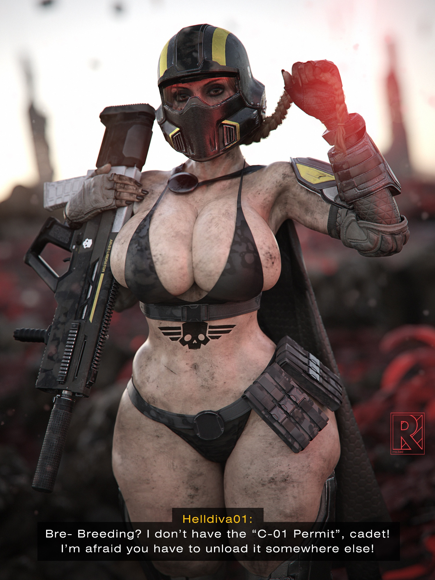 1girls, 3d, big breasts, bikini, braid, breasts, dialogue, dirty, english text, female, fingerless gloves, gun, helldiver (helldivers), helldivers, original character, rro.lled, solo, tattoo, thick thighs