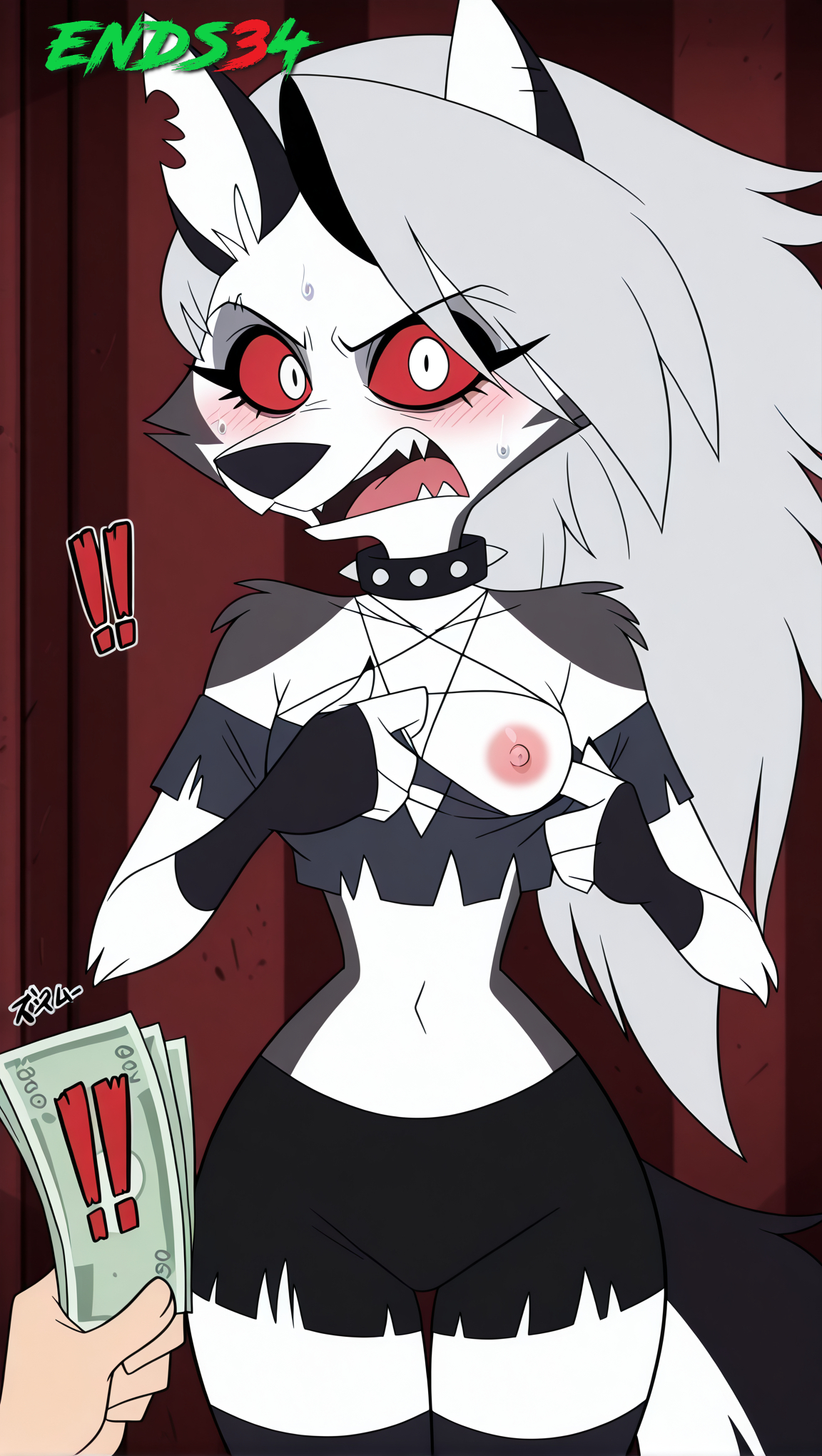 1boy, 1girls, ai generated, anthro, blush, breasts, crop top, ears, ends34, female, female focus, fingerless gloves, furry, goth, goth girl, grey body, grey fur, grey hair, hellhound, helluva boss, human, human on anthro, long hair, looking at partner, looking at viewer, loona (helluva boss), male, male pov, money, nipple, no bra, open mouth, prostitution, red sclera, shorts, spiked collar, stockings, tail, thighhighs, two-tone body, two-tone fur, two-tone tail, white body, white eyes, white fur, wolf, wolf girl