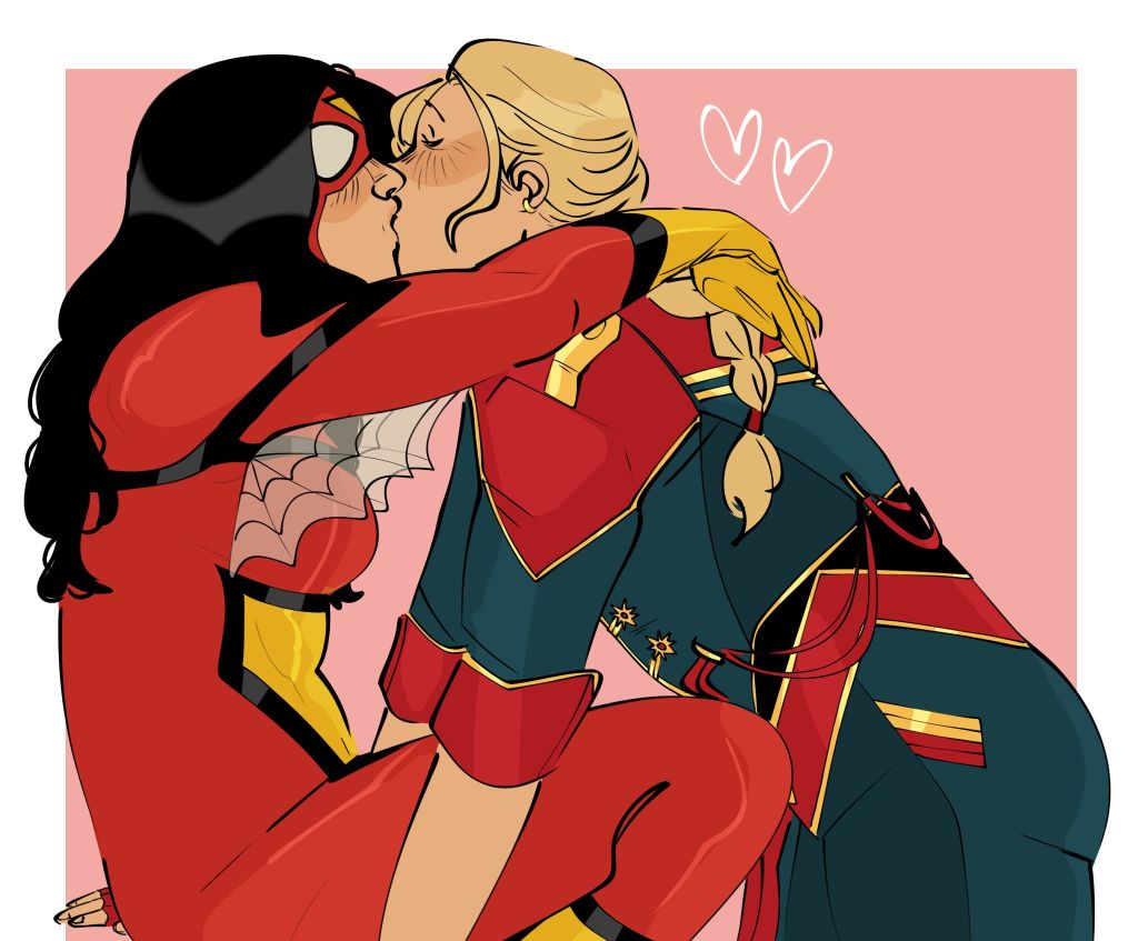 1futa 2girls avengers big_ass big_breasts big_butt blue captain_marvel carol_danvers couple female hairy_pussy heroine horny_female jessica_drew kiss_marks kissing light-skinned_male light_skin male marvel marvel_comics milf ms._marvel panties red romantic_couple sexy_ass sexy_body spider_woman tongue_kiss yuri