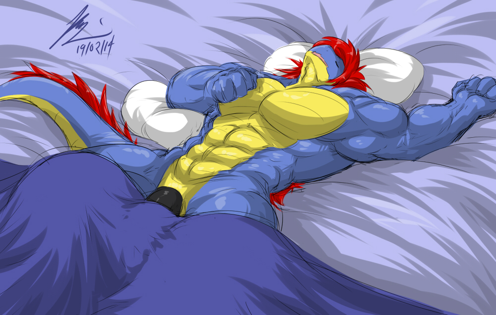 1boy 2014 abs anthro biceps big_muscles flammars hair male male_only muscles nude pecs pose reptile scalie sleeping solo