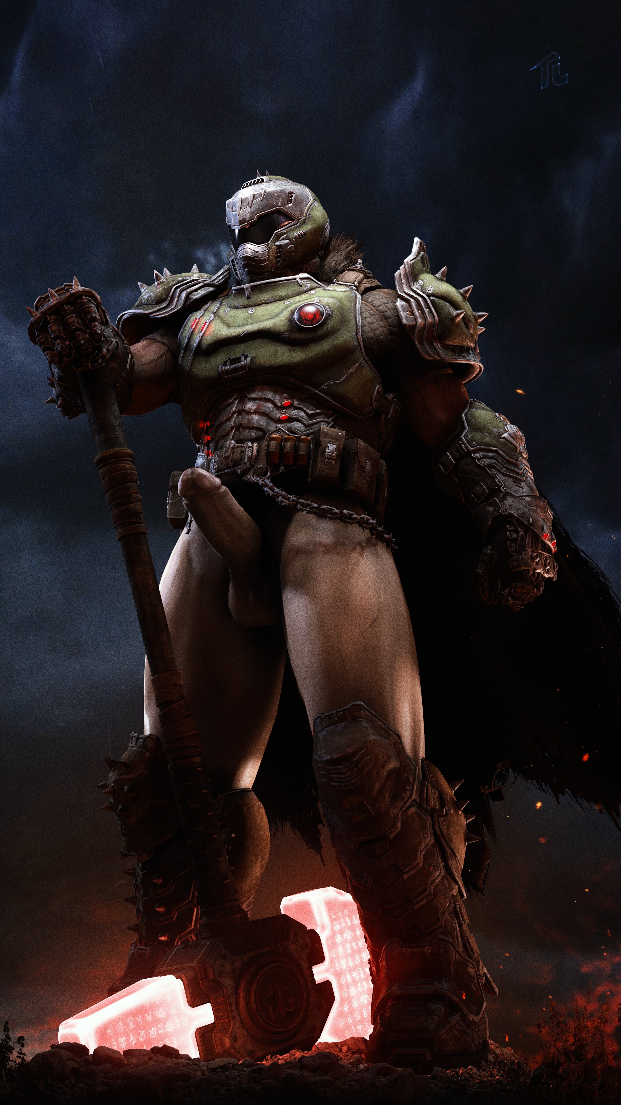 3d, 3d (artwork), 3d model, armor, armored boots, armored gloves, armored male, background, balls, big balls, big penis, cape, chains, doom, doom (series), doom slayer (doom), doom the dark ages, dripping precum, erect penis, gay, hard penis, helmet, holding weapon, looking away, male, male only, masculine, masked male, penis, pouches, scars on arm, scars on thighs, shoulder armor, shoulder spikes, solo, solo focus, solo male, tauntilock, video game character, video games