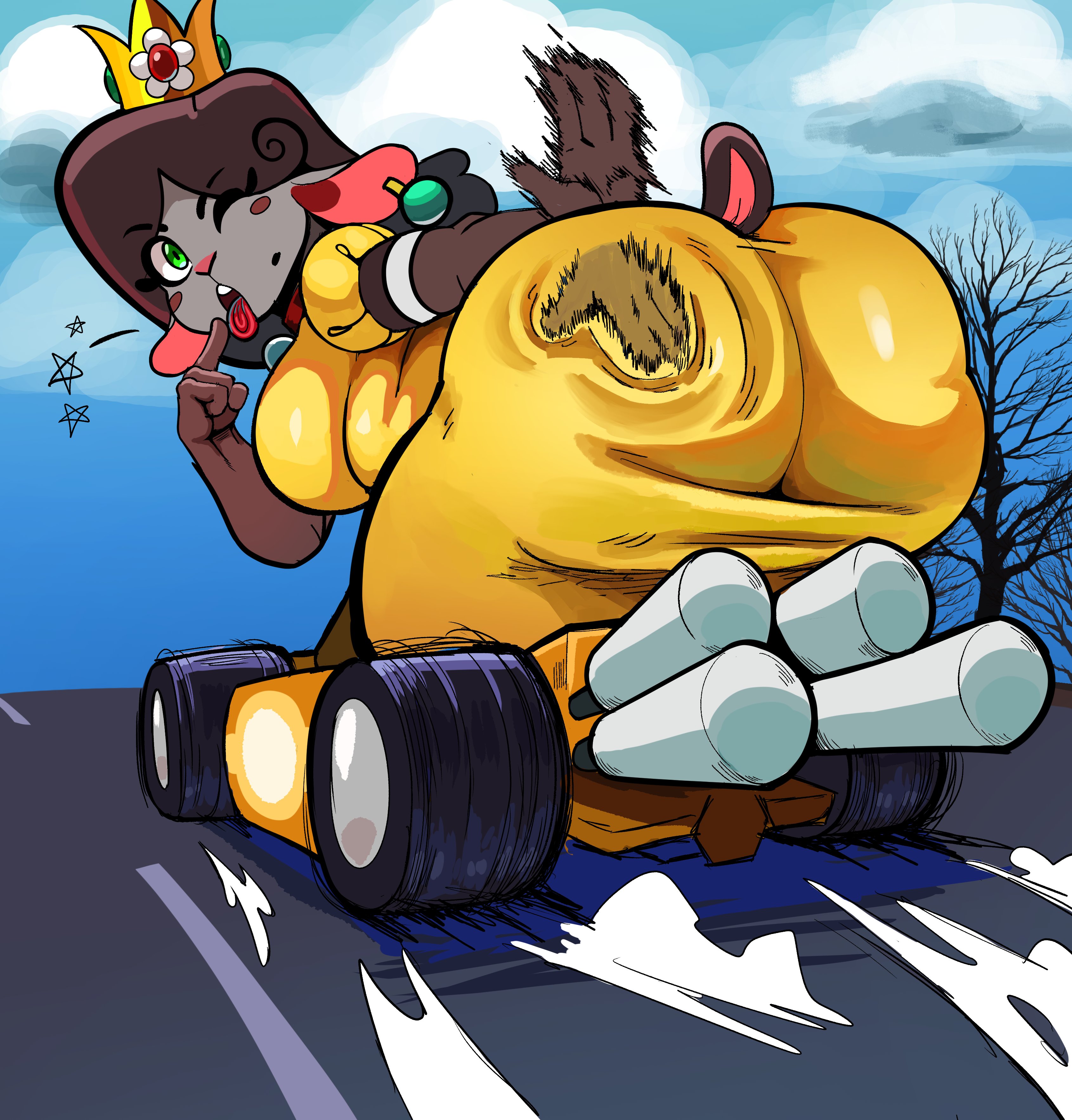 anthro, anthro male, anthro only, black sheep, black wool, breasts, caprine, cosplay, femboy, furry, furry male, furry only, isolatedartest, male, male breasts, male focus, male only, male with breasts, mario (series), mario kart, nintendo, princess daisy, princess daisy (cosplay), sheep, solo, solo male, tom (isolatedartest), wool (fur)