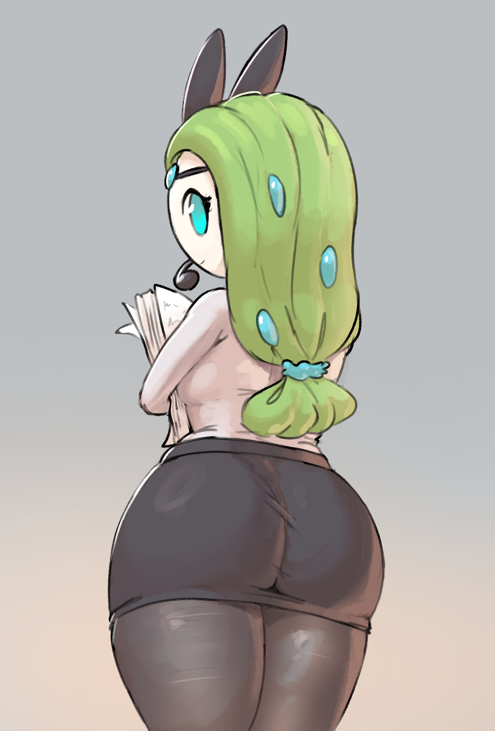 1girls, ass, big ass, black skirt, black stockings, blue eyes, female, female only, green hair, legendary pokemon, looking back, meloetta, miniskirt, mythical pokemon, pokemon, salt lick1, skirt, solo, thick ass, thick thighs, white shirt