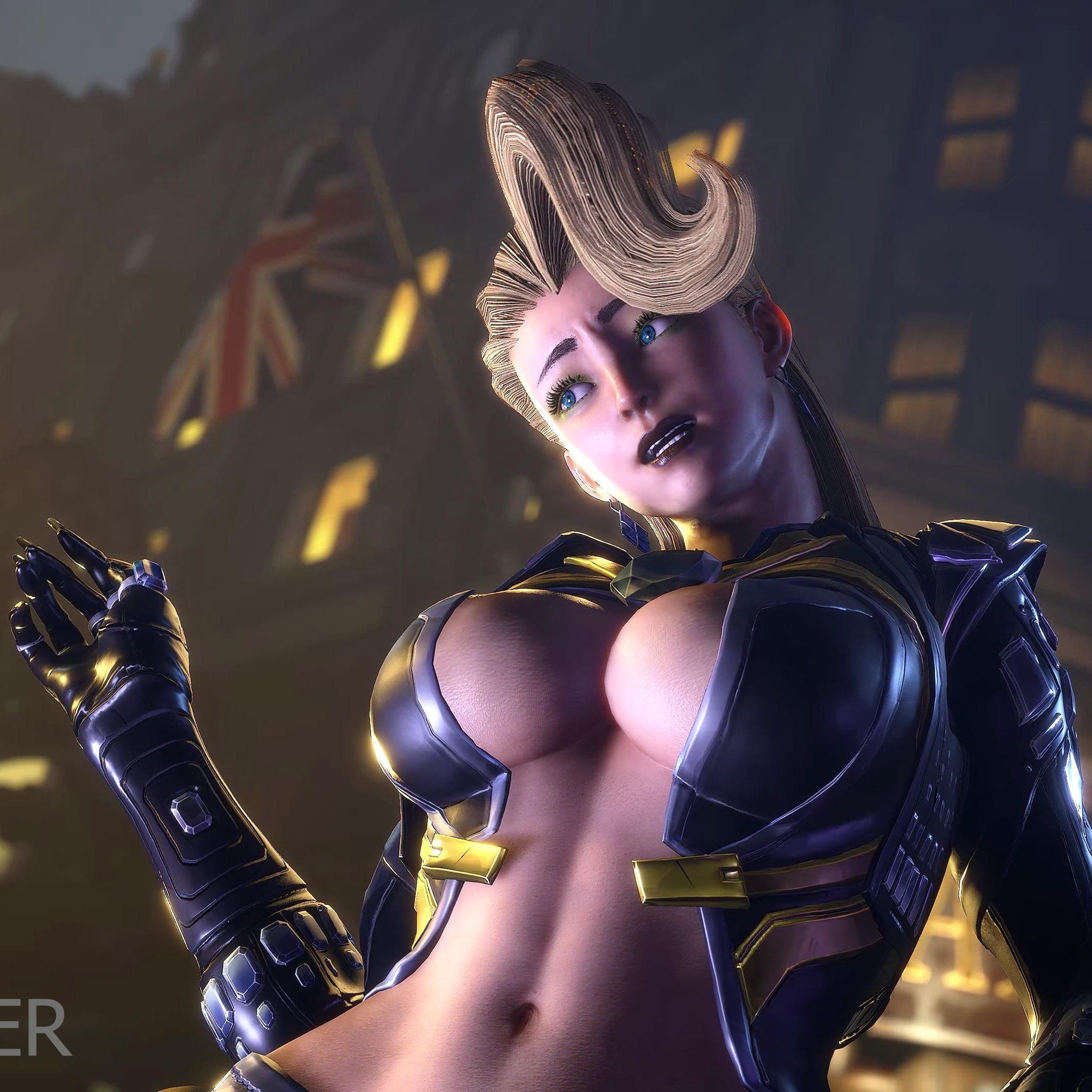 1girls, 3d, belly button, below view, big breasts, blonde female, blonde hair, blue earrings, blue eyes, breasts, capcom, cosplay, earrings, emma frost, emma frost (cosplay), emma frost (marvel rivals), emma frost (x-revolution), eyelashes, eyeshadow, female, female focus, flat belly, front view, game screenshot, gold eyeshadow, juri han, light skin, light-skinned female, looking aside, looking away, low-angle view, marvel, marvel comics, marvel rivals, mod, no bra, screencap, side view, slightly open mouth, solo, street fighter, street fighter 6, viewed from below, viewed from front, viewed from side