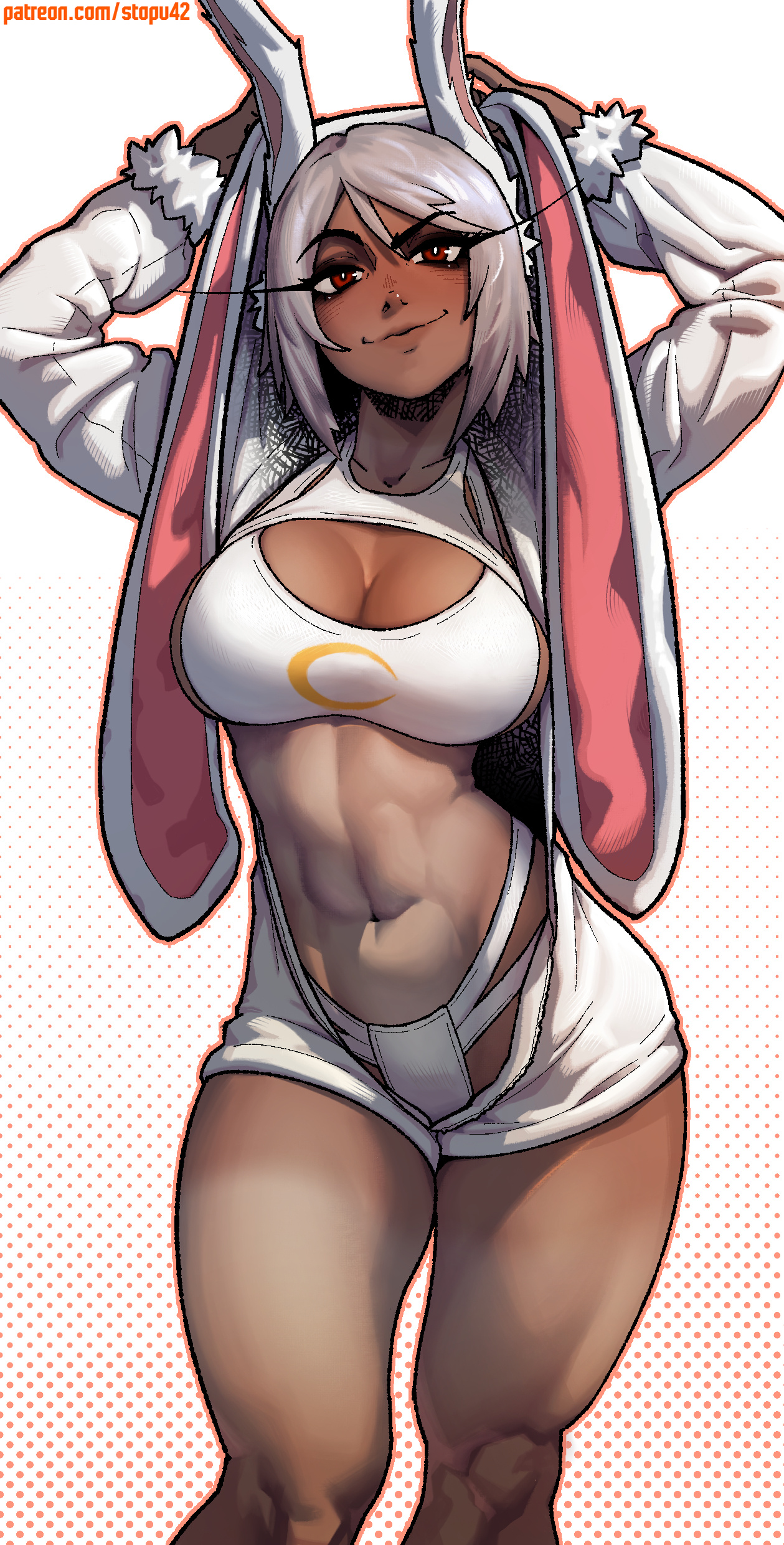 1girls, abs, bare legs, bare thighs, big breasts, breasts, bunny ears, bunny girl, clothed, clothing, color, dark skin, dark-skinned female, female, female focus, female only, fit female, hi res, large breasts, looking at viewer, mirko, miruko, muscles, muscular, muscular female, my hero academia, red eyes, rumi usagiyama, short hair, solo, solo female, stopu, tagme, tanline, thick thighs, white hair