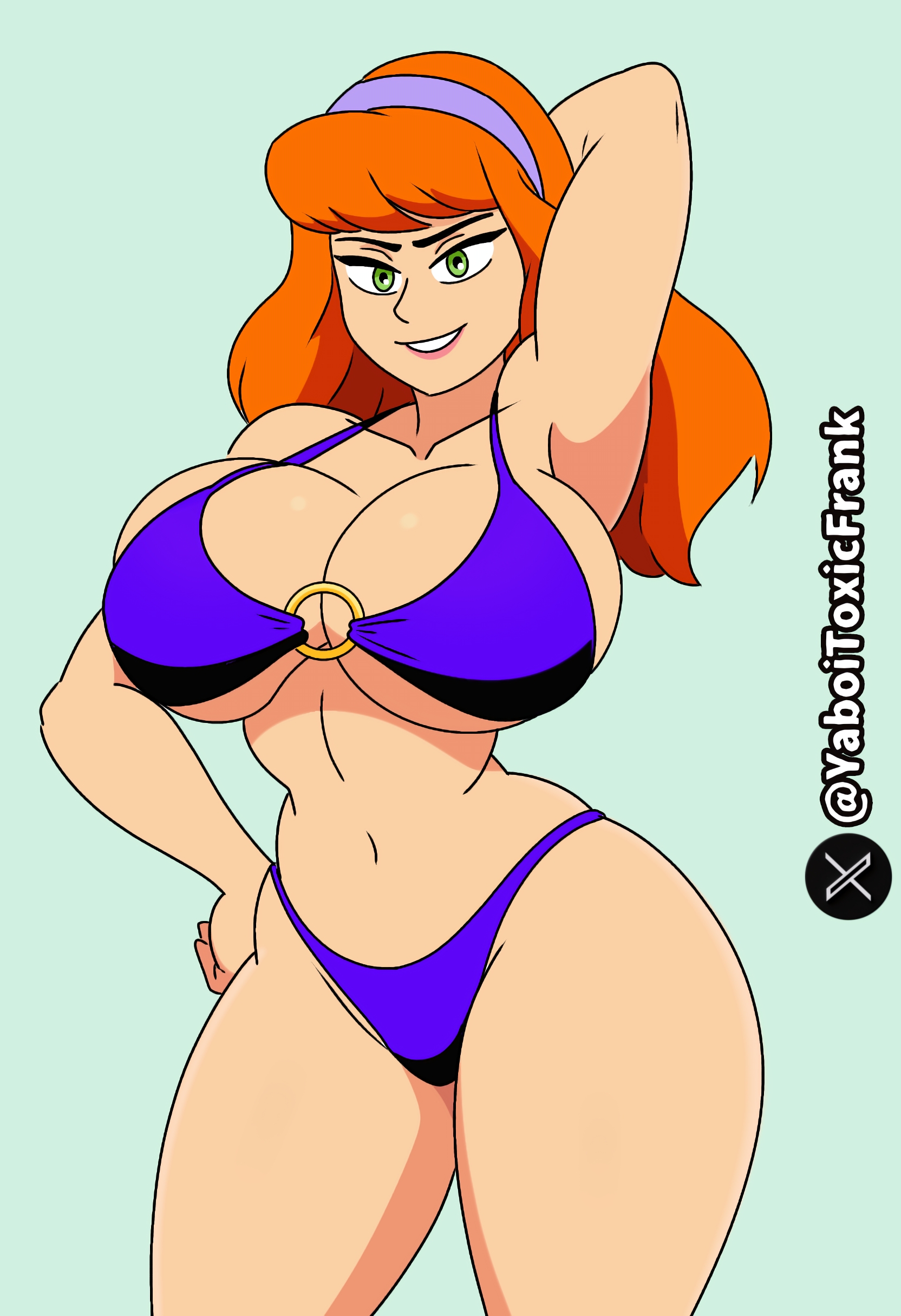 bikini, breasts, daphne blake, female, green eyes, hand on head, hand on hip, huge breasts, looking at viewer, purple clothing, red hair, scooby-doo, self upload, slim waist, smiling at viewer, warner brothers, wide hips, yaboitoxicfrank