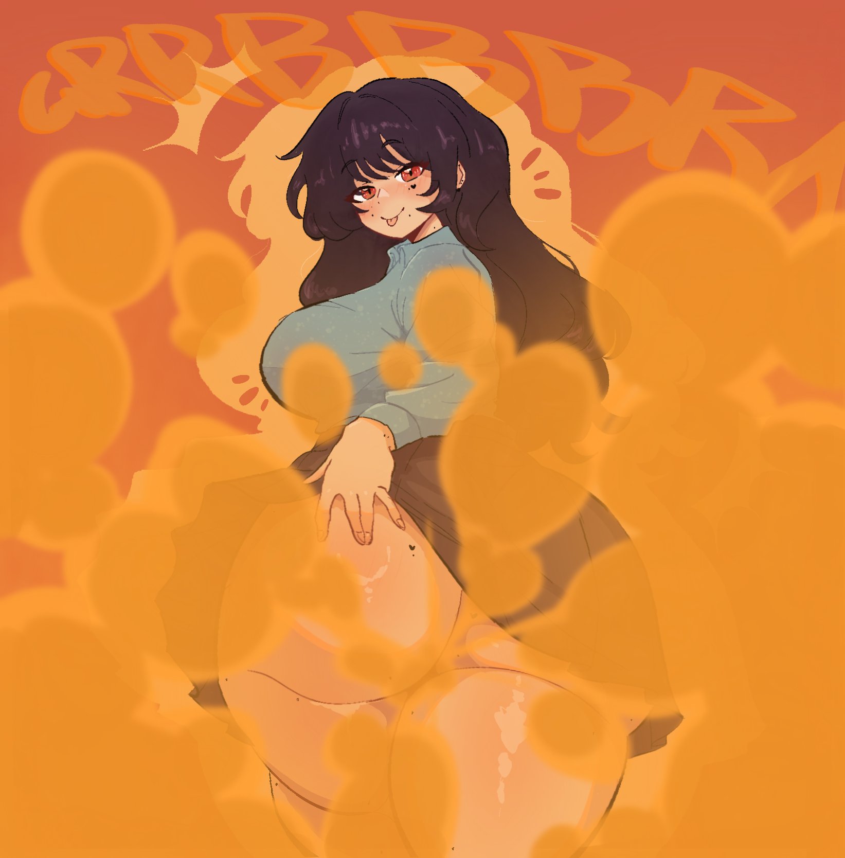 :p, 1girls, alternate version available, ass, big ass, big breasts, black hair, blush, breasts, breasts bigger than head, bubble ass, bubble butt, fart, fart cloud, fart fetish, farting, farting at viewer, fat ass, female, hand on ass, heart symbol, huge ass, huge fart, looking back, melonarts (character), melonarts2 (artist), miloartses, mole, mole on ass, moles, moles under eyes, no panties, red eyes, seductive, seductive look, seductive pose, seductive smile, simple background, smile, thick ass, tongue, tongue out, upskirt