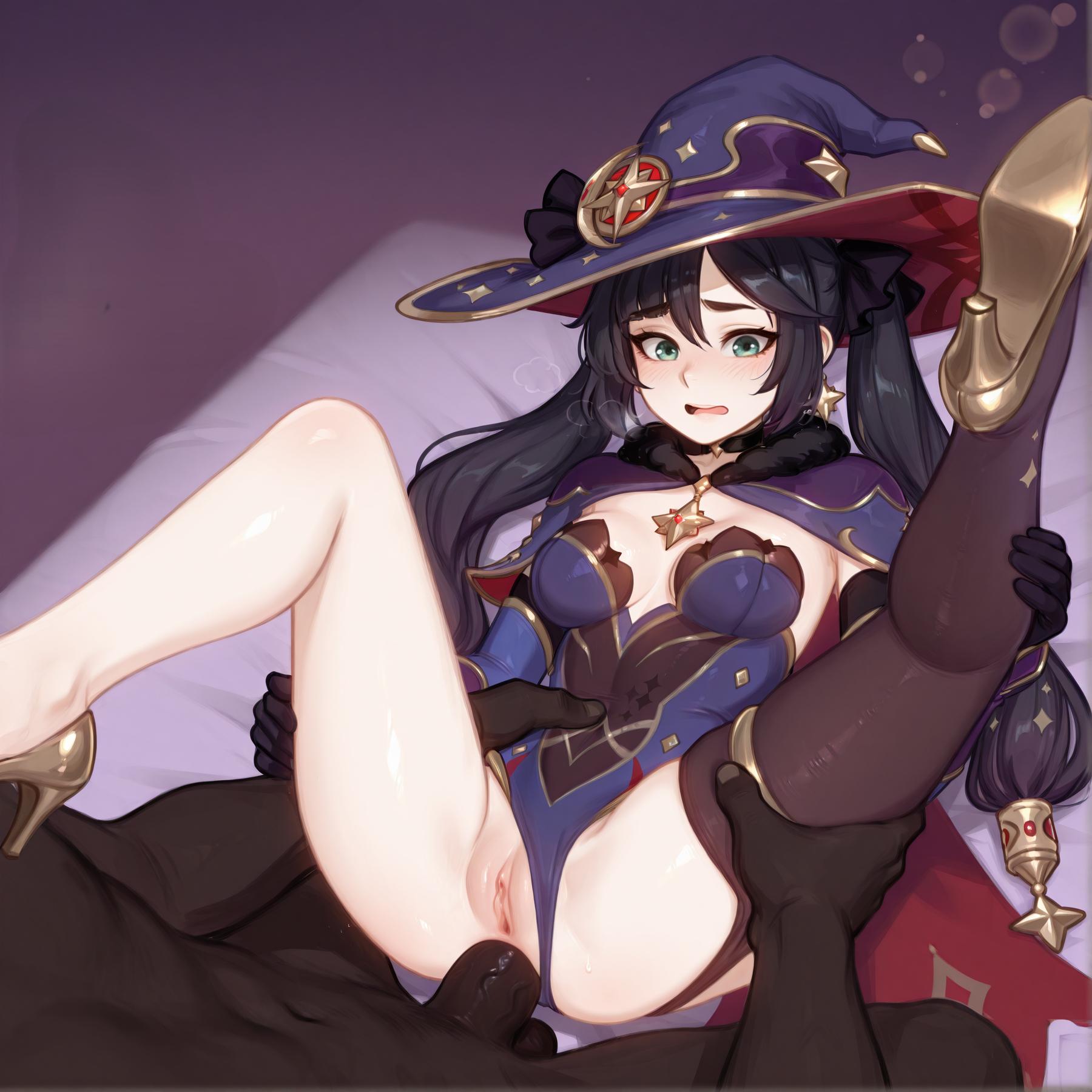1boy, ai generated, anal, ass, bangs, black hair, blush, breasts, brokewyt, cape, choker, clothed female nude male, clothed sex, clothing aside, dark skin, dark-skinned male, earrings, erection, female, genshin impact, gloves, green eyes, hat, high heels, interracial, jewelry, leotard, leotard aside, long hair, lying, medium breasts, missionary, mona (genshin impact), nude, on back, open mouth, penis, pussy, sex, solo focus, straight, testicles, twintails, uncensored, witch hat