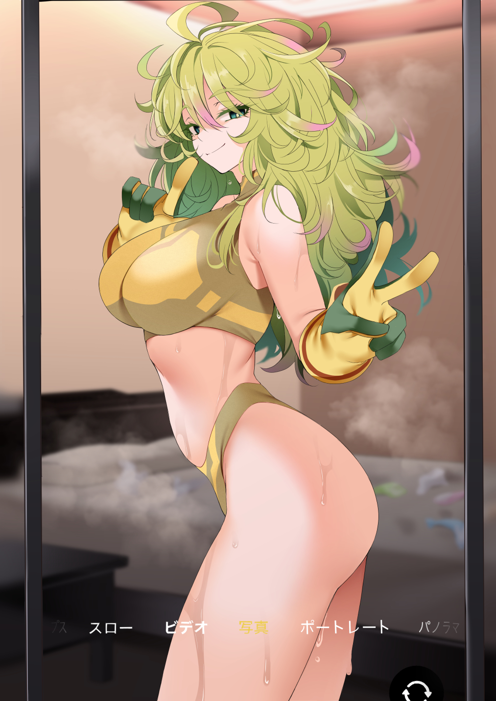 bed boku_no_hero_academia breasts colored_tips condom crop_top gloves green_eyes green_hair hagakure_toru highres indoors kippuru large_breasts long_hair looking_at_viewer messy_hair micro_shorts midriff multicolored_hair pink_hair shirt shorts smile steaming_body sweat unusually_visible used_condom v yellow_gloves yellow_shirt yellow_shorts
