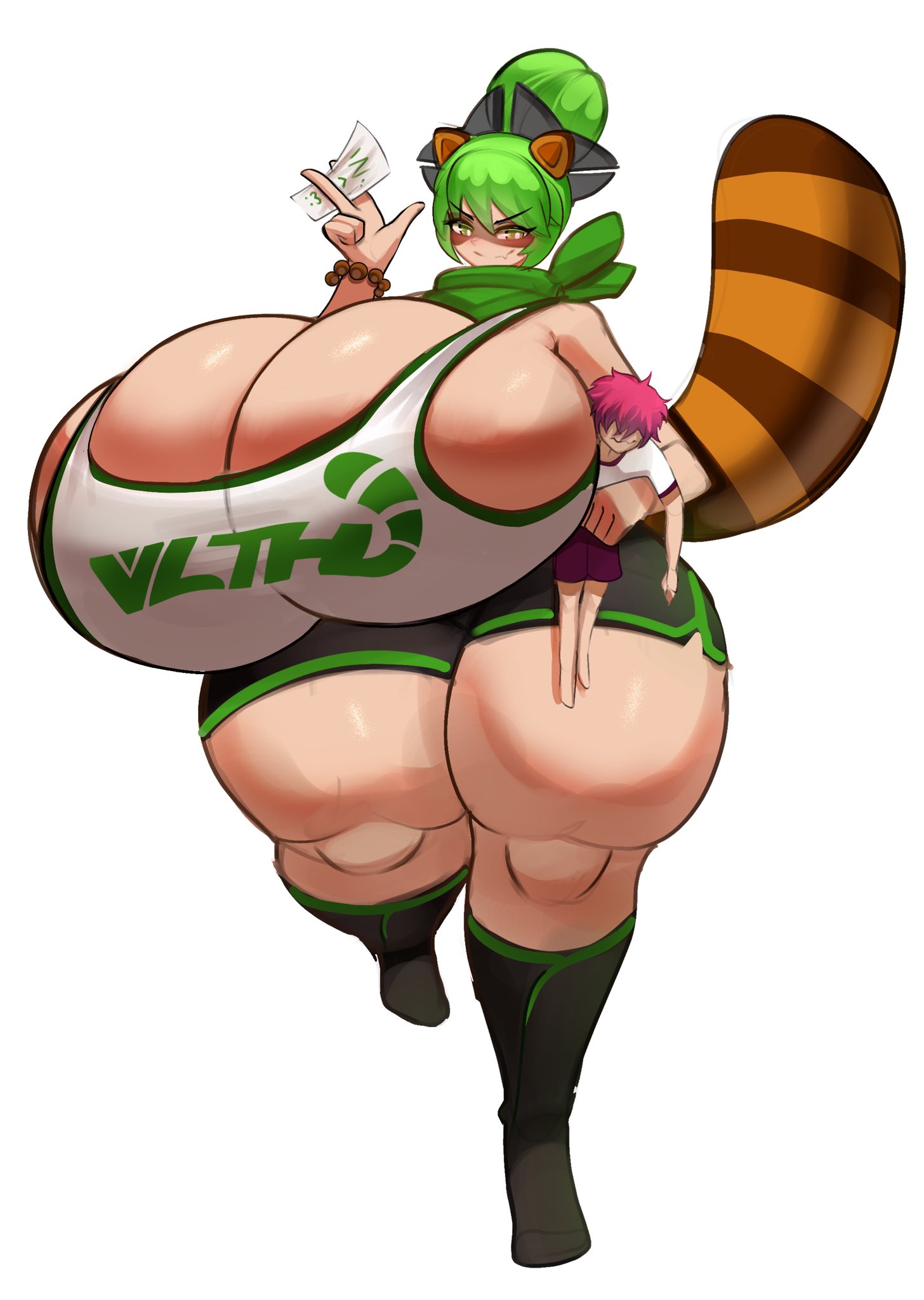 1boy, 1girls, ass, ass visible through thighs, blush, breasts, carrying another, chomperwhy, female, full body, giantess, gigantic ass, gigantic breasts, holding male, holding object, hyper, male, ninja, original, original character, original characters, size difference, skin fang, small male, smug, talisman, taller female, tanuki girl, tanuki tail