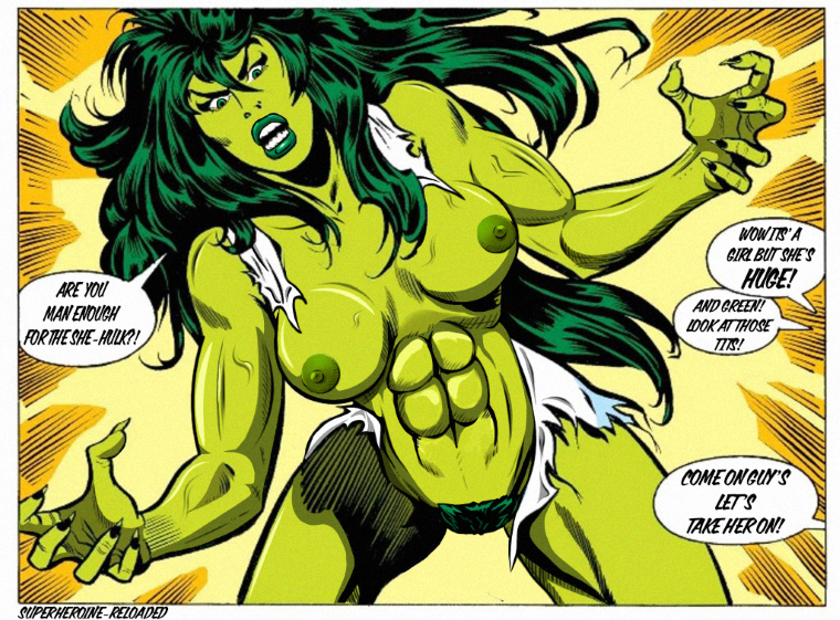 1girls abs big_breasts comic_panel dialogue english_text female female_only green_eyes green_hair green_nipples green_pubic_hair green_skin hairy_pussy hulk_(series) long_hair marvel marvel_comics muscular muscular_female naked naked_female nipples nude nude_edit nude_female nude_filter pubic_hair she-hulk solo solo_female speech_bubble superheroine_reloaded text white_border