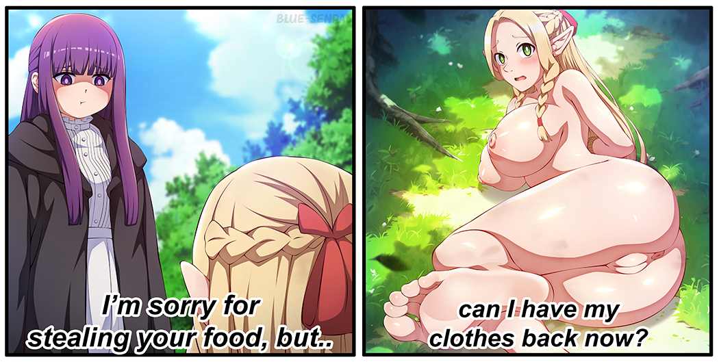 2girls ass barefoot blonde_hair blue-senpai braid breasts completely_nude completely_nude_female dungeon_meshi elf elf_ears elf_female elf_girl english_text feet female female_only fern_(sousou_no_frieren) fully_nude grass green_eyes large_breasts long_hair marcille_donato multiple_girls naked naked_female nipples nude nude_female on_floor on_side open_mouth outdoors purple_eyes purple_hair pussy soles sousou_no_frieren toes uncensored