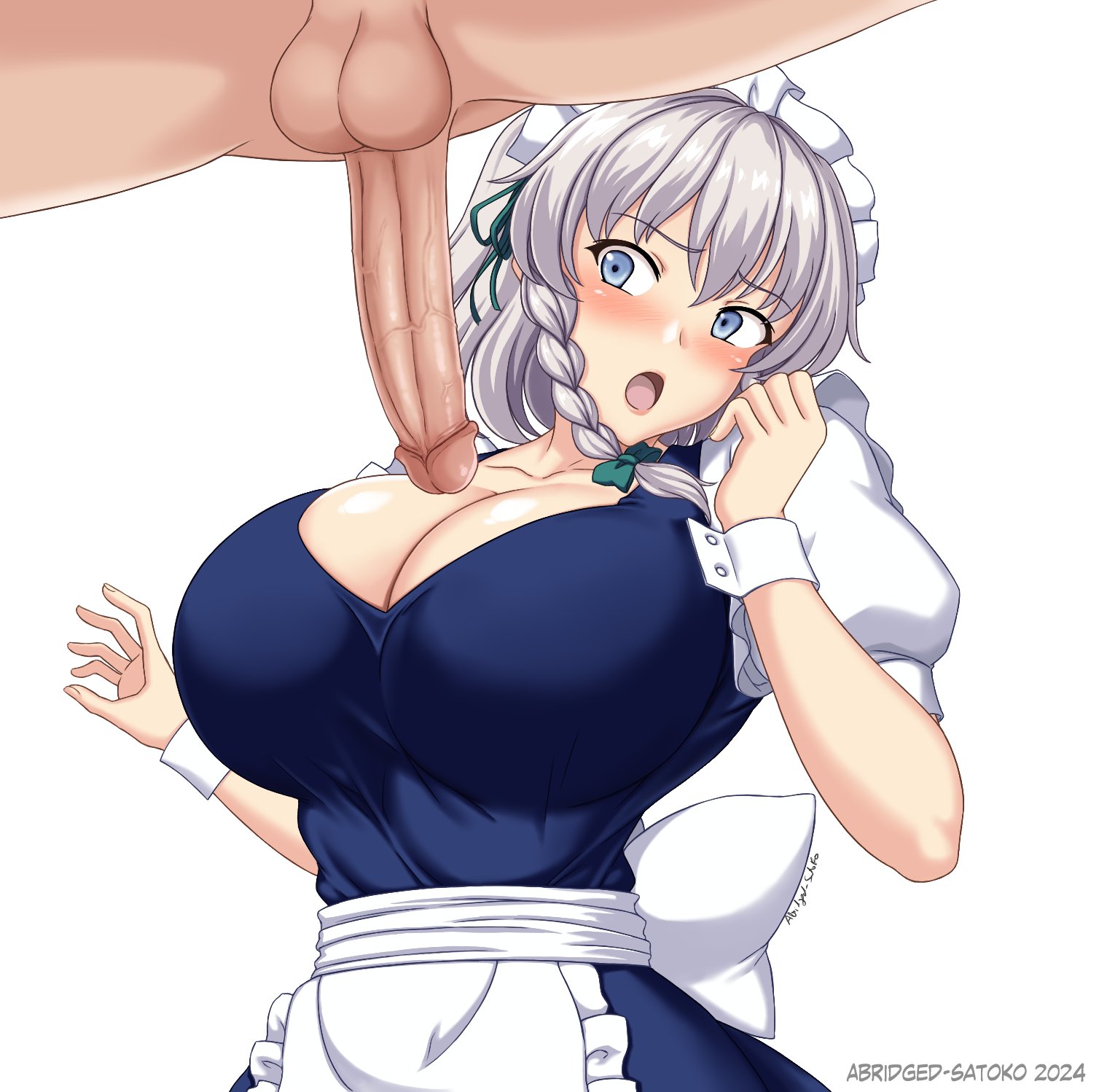 1boy, 1girls, 2024, 2d, abridged-satoko, alternate breast size, apron, artist name, artist signature, balls, big breasts, big penis, blue eyes, blush, breasts, breasts bigger than head, cleavage, cleavage cutout, clothed female, cuffs, duo, erect penis, female, huge breasts, imminent paizuri, large breasts, looking at penis, maid, maid headdress, maid uniform, male, nude, nude male, open mouth, penis, puffy short sleeves, sakuya izayoi, shocked, shocked expression, short hair, source, standing, straight, touhou, uncensored, white background, white hair