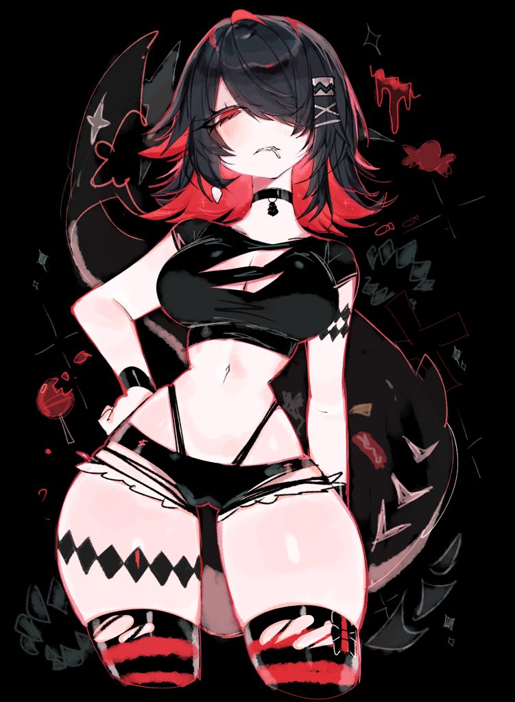 1girls, black hair, choker, cleavage, ellen joe, female, female only, goth, goth girl, hair, hair ornament, hourglass figure, midriff, navel, red eyes, red hair, revealing clothes, ripped stockings, shark, shark girl, shark tail, short shorts, shorts, skimpy clothes, skindentation, small waist, tail, thick thighs, thigh highs, thighhighs, thighs, thong above shorts, thong straps, torn thighhighs, usa37107692, whale tail, zenless zone zero