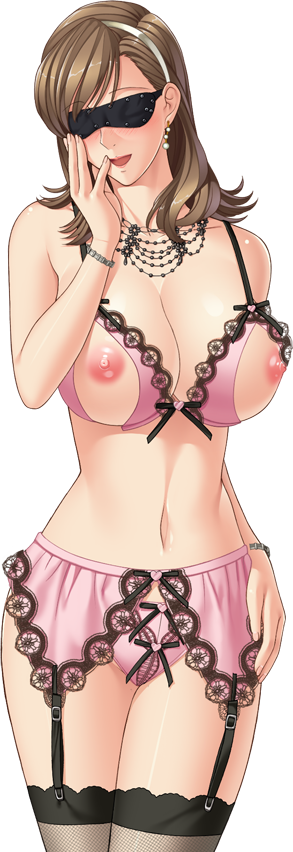 areolae blindfold blush breasts brown_hair collar earrings female game_cg garter_belt garter_straps highres large_breasts legs lingerie long_hair mekurumeku_buai_no_utage navel nipples panties simple_background smile solo standing thighhighs thighs underwear vogue