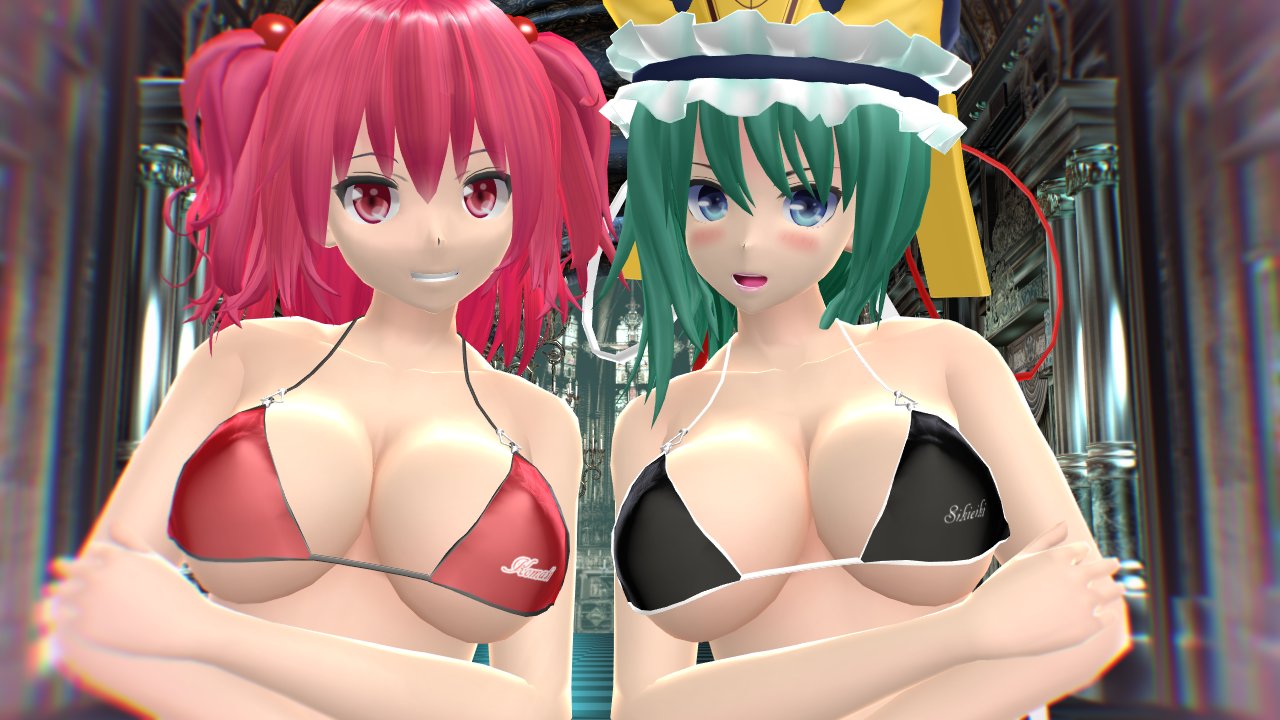 2girls 3d bikini black_bikini blush character_name cleavage clothes_writing crossed_arms eiki_shiki green_eyes green_hair hair_bobbles hati_yukkuri_mmd komachi_onozuka large_breasts looking_at_viewer mmd multiple_girls onozuka_komachi red_bikini red_eyes red_hair shiki_eiki smile touhou two_side_up upper_body