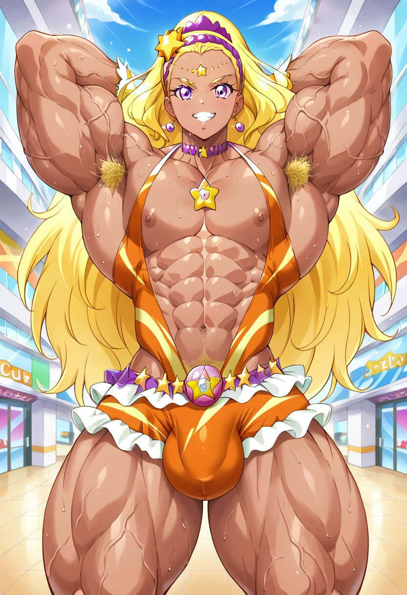 abs ai_generated amamiya_elena ambush_(trap) armpit cure_soleil dark-skinned_female extreme_muscles flexing genderswap_(ftm) male male_only mall muscular muscular_male precure precure-r34 pretty_cure rule_63 solo star_twinkle_precure