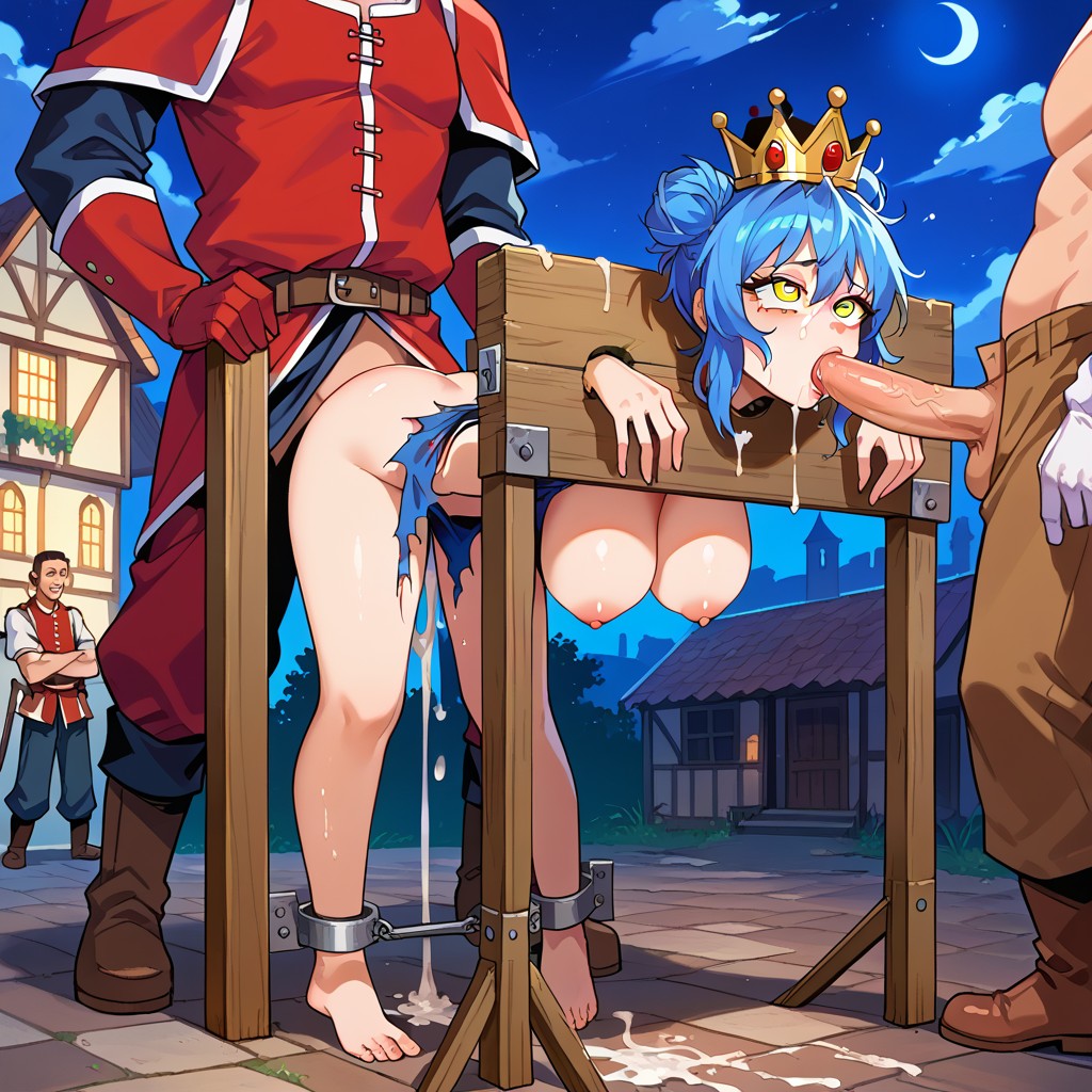 1girls 2boys ai_generated big_breasts blue_frog blue_hair covered_in_cum crown double_bun fellatio from_behind hair_buns medieval oral pillory public_humiliation public_use rape restrained_arms restrained_legs torn_clothes torn_clothing town_square yellow_eyes