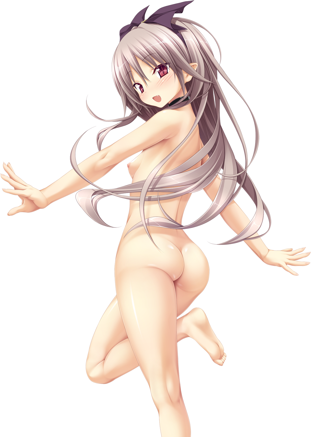 aoi_tori_(purple_software) ass barefoot blush breasts choker eyebrows_visible_through_hair female hairband highres koku leg_up long_hair mary_harker nipples oerba_yun_fang official_art open_mouth pink_hair pointy_ears red_eyes slit_pupils small_breasts transparent_background