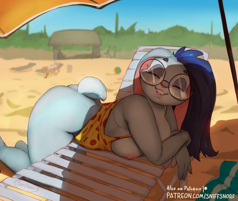 2024 ass beach beach_chair blue_fur blue_hair breasts closed_eyes female female_focus female_only furry glasses long_hair nipples one-piece_swimsuit original original_character rabbit rabbit_girl robyn_(sniffsnorf) sniffsnorf swimsuit thick_thighs thighs