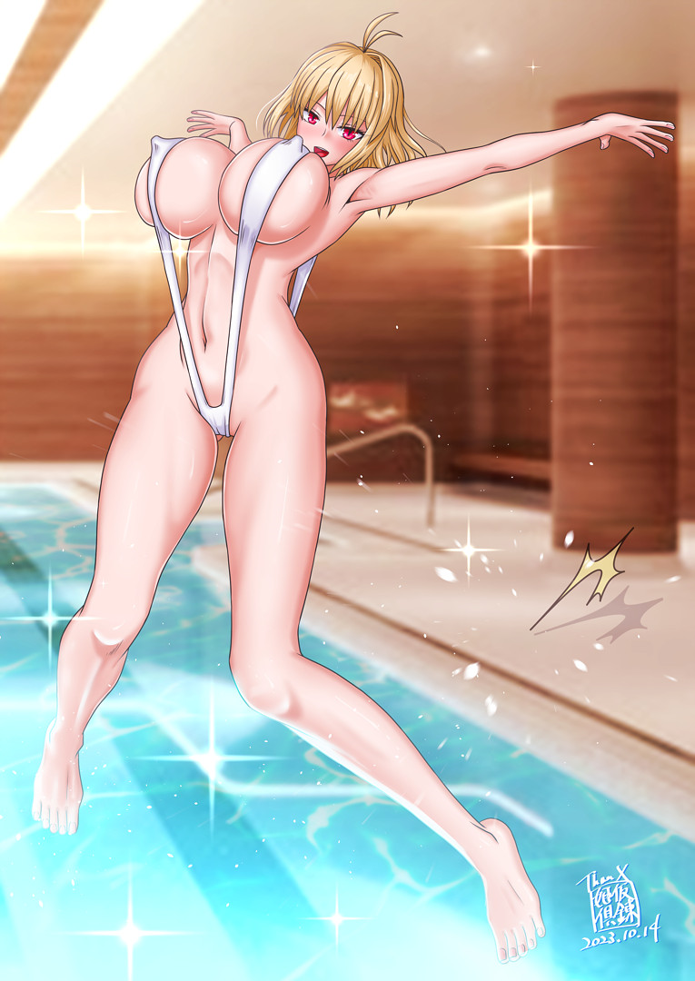 ahoge alternate_version_available arcueid_brunestud background belly big_breasts bikini blonde_hair breasts breasts_bigger_than_head color curvy enormous_breasts erect_nipples fit_female hips huge_breasts indoors large_breasts looking_at_viewer melty_blood nipples_visible_through_clothing pool posing pussy red_eyes revealing_clothes shapely short_hair string_bikini swimsuit thighs top_heavy tsukihime tummy type-moon vagina vampire_girl white_swimsuit wide_hips