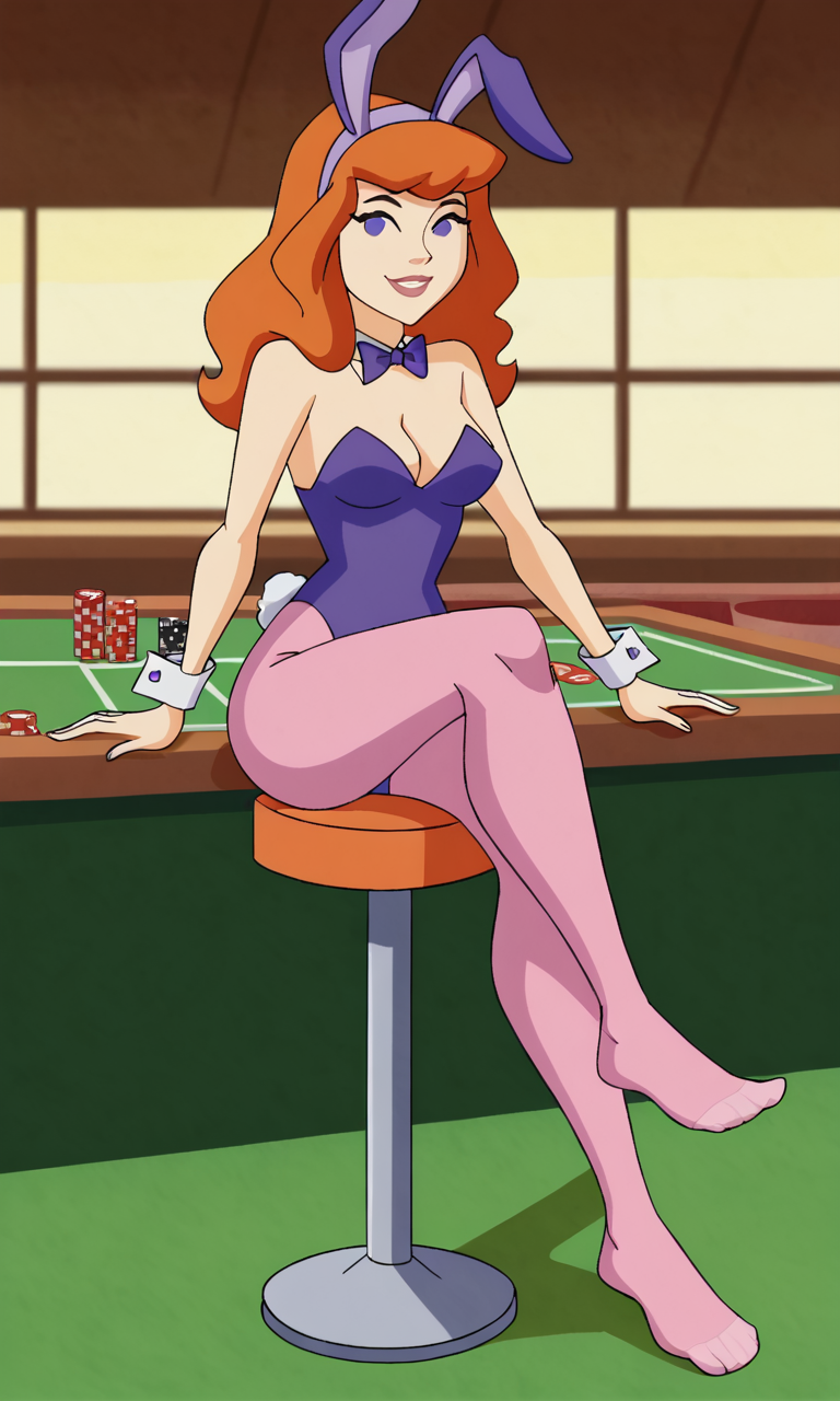 ai_generated ass bigmic145 breasts bunny_ears bunny_girl bunny_tail bunnysuit cartoon_network casino daphne_blake daphne_blake_(mystery_incorporated) feet foot_fetish pantyhose pink_pantyhose playboy_bunny red_hair scooby-doo scooby-doo!_mystery_incorporated