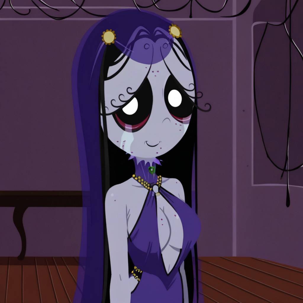 big_breasts clothed clothed_female dress goth long_hair misery_(ruby_gloom) modakawa_dress purple_skin ruby_gloom_(franchise) sad sexy_clothing tears very_long_hair