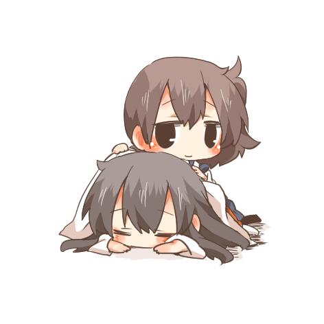 2girls akagi_(kantai_collection) blanket blush brown_eyes brown_hair chibi chibi_only hakama_skirt japanese_clothes kaga_(kantai_collection) kantai_collection long_hair lowres lying multiple_girls on_stomach personification rebecca_(keinelove) short_hair side_ponytail skirt sleeping smile