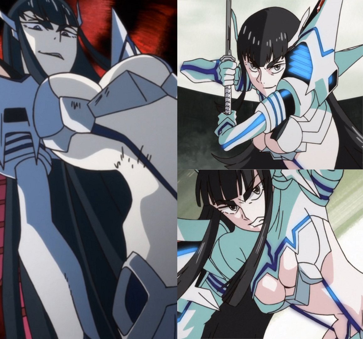 1girls adult_swim breasts dark_hair grey_eyes huge_breasts junketsu kill_la_kill kiryuuin_satsuki large_breasts long_hair red_eyes screencap solo sword toonami wide_hips