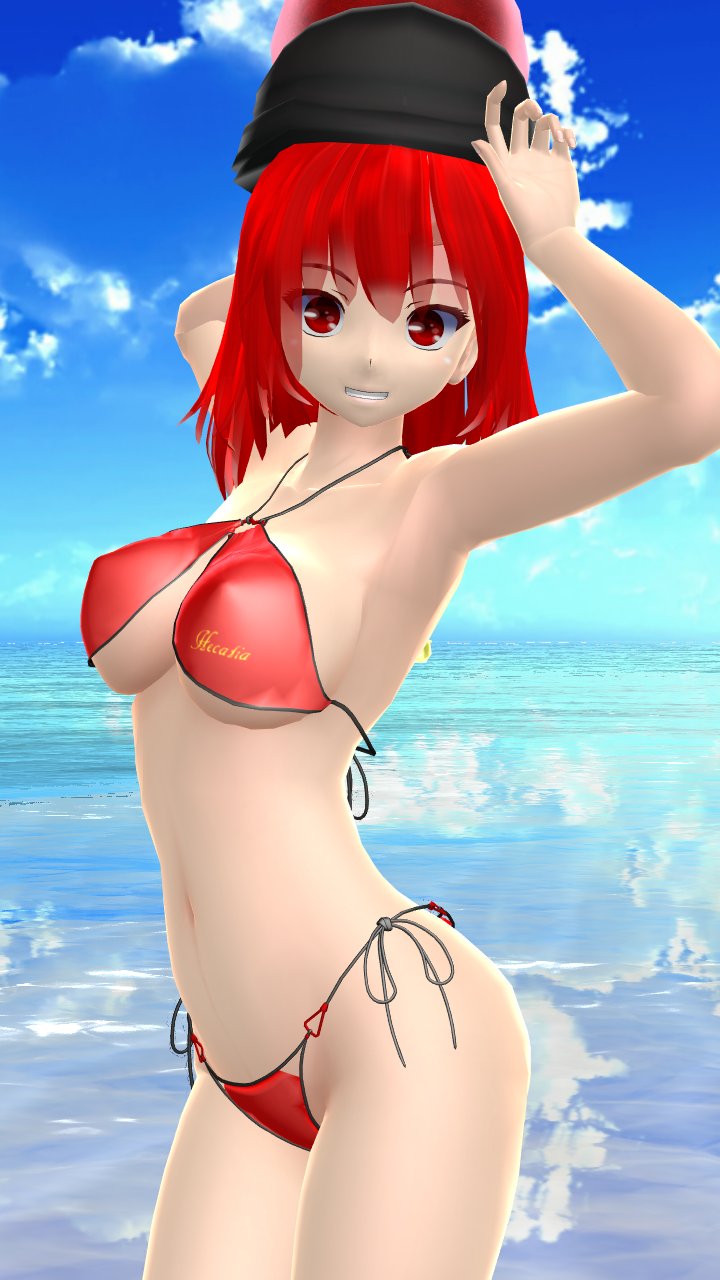 1girls 3d breasts character_name cleavage clothes_writing hati_yukkuri_mmd hecatia_lapislazuli looking_at_viewer mmd outdoors red_bikini red_eyes red_hair short_hair solo touhou