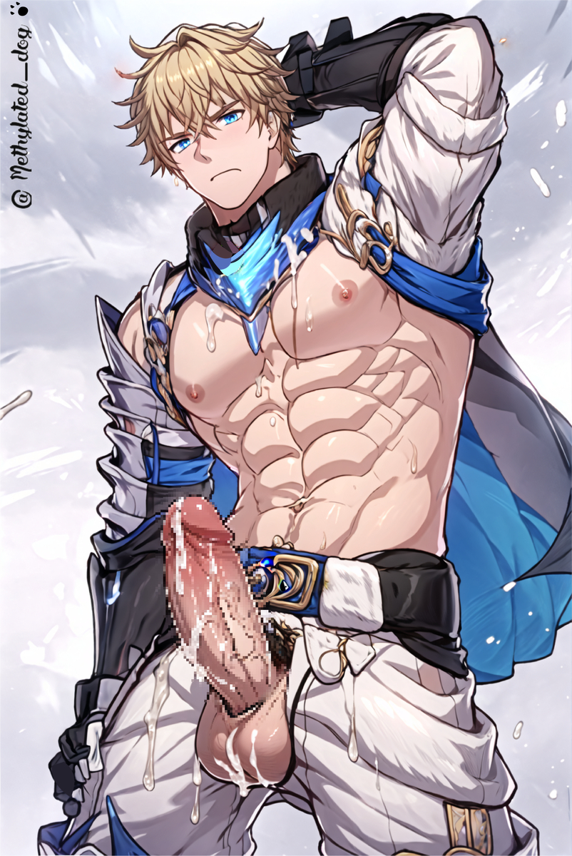 1boy ai_generated anal bara bare_pectorals blonde_hair censored cum gay gepard_(honkai:_star_rail) honkai:_star_rail male male_focus male_only methylated_dog muscular muscular_male penis solo solo_male yaoi