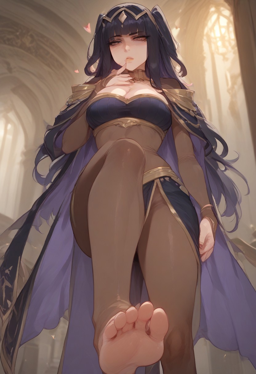1boy, 1girls, ai generated, black hair, blunt bangs, feet, female, female focus, fire emblem, fire emblem awakening, looking at viewer, male, stomping, tharja (fire emblem)