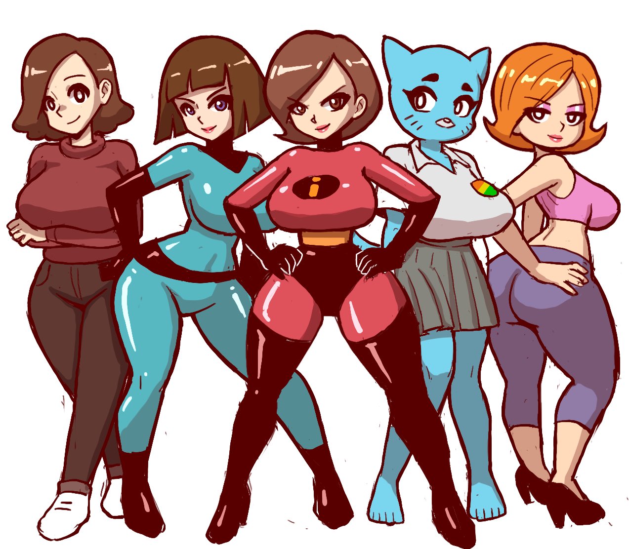 2_bodysuits 5girls ass black_hair brown_hair cartoon_network cat_ears cat_tail catgirl clothed clothed_female crossover danny_phantom debbie_turnbull disney female female_only furry furry_female helen_parr hilda_(series) johanna_(hilda) madeline_fenton milf mossyfroot mother multiple_females multiple_girls netflix nicole_watterson orange_hair pixar robotboy short_hair standing sweater the_amazing_world_of_gumball the_incredibles thick_ass yoga_pants