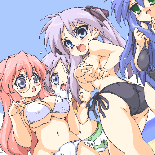 4girls ass bikini blue_eyes blue_hair blush breasts color curvy female glasses green_eyes huge_breasts human kagami_hiiragi konata_izumi long_hair lowres lucky_star mi-sya miyuki_takara multiple_girls oekaki pink_hair pixel purple_hair sideboob swimsuit tied_hair topless tsukasa_hiiragi twintails