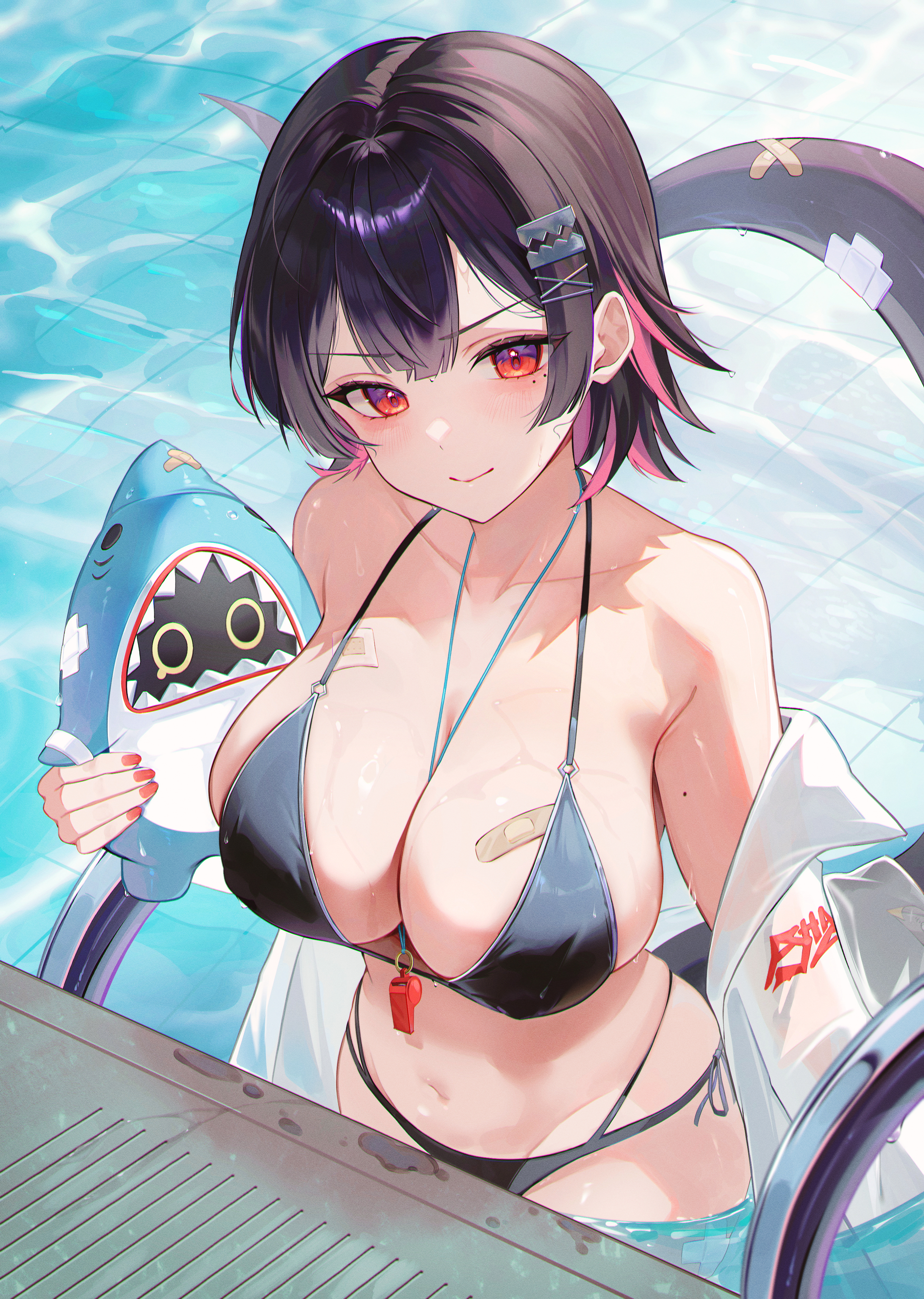 absurdres, bangboo (zenless zone zero), bikini, black hair, blue bikini, breasts, colored inner hair, ellen joe, female, highres, jaduade, large breasts, looking at viewer, multicolored hair, pool, red eyes, red hair, sharkboo (zenless zone zero), short hair, solo, swimsuit, two-tone hair, zenless zone zero