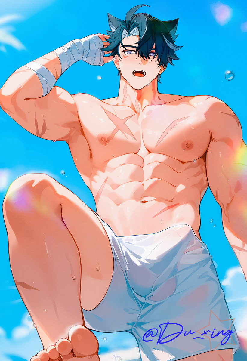 1boy ai_generated anal bara bare_pectorals black_hair cum gay genshin_impact male male_focus male_only muscular muscular_male penis solo solo_male wriothesley_(genshin_impact) yaoi