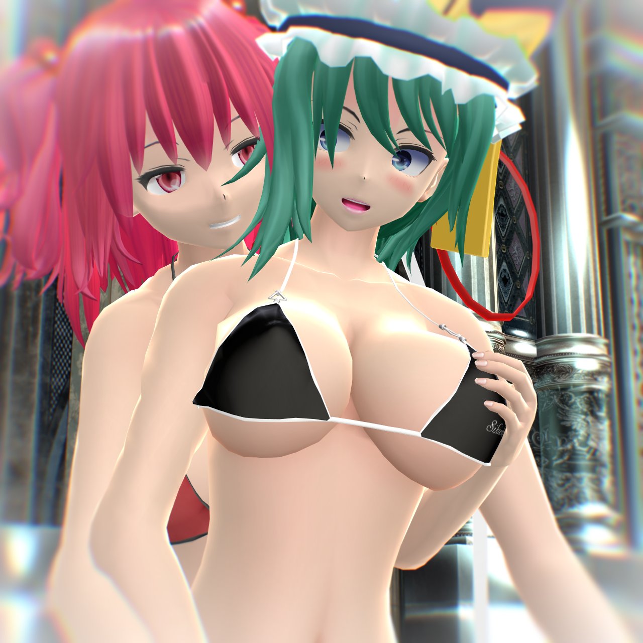 2girls 3d bikini black_bikini blush character_name cleavage clothes_writing eiki_shiki green_eyes green_hair hair_bobbles hati_yukkuri_mmd komachi_onozuka large_breasts looking_at_another looking_at_viewer mmd multiple_girls onozuka_komachi open_mouth red_bikini red_hair shiki_eiki touhou two_side_up yuri