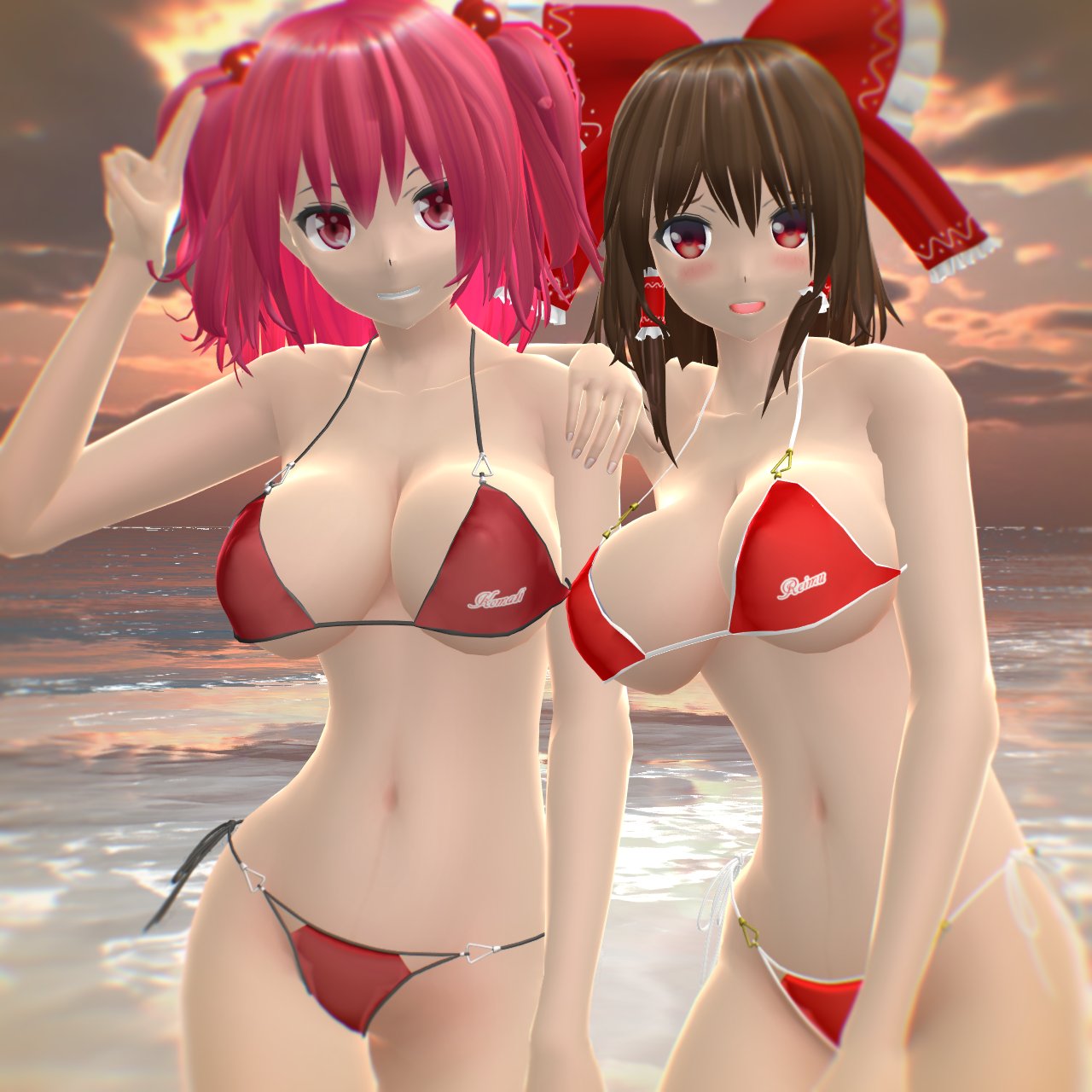 2girls 3d bikini cleavage clothes_writing hair_bow hakurei_reimu hati_yukkuri_mmd komachi_onozuka large_breasts looking_at_viewer mmd multiple_girls navel onozuka_komachi outdoors red_bow reimu_hakurei smile touhou