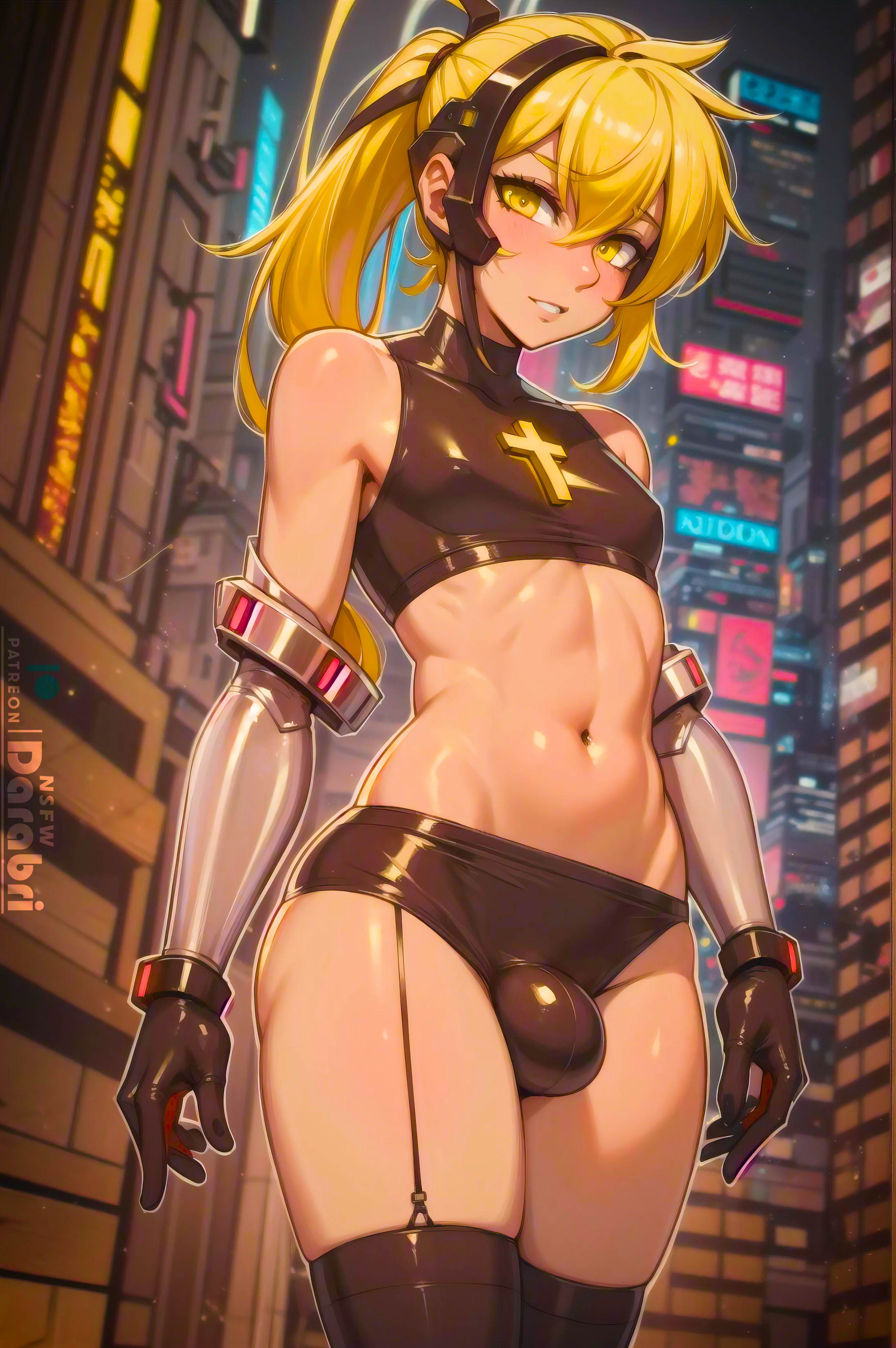1boy, abs, abstract background, ai generated, bulge, crop top, cute, cyberpunk, darabri, detached sleeves, femboy, feminine male, gay, girly, headset, light brown skin, logo, long hair, male, male only, midriff, miniskirt, otoko no ko, patreon, patreon logo, ponytail, pov eye contact, stockings, tanned, thighs, trap, yaoi, yellow eyes, yellow hair