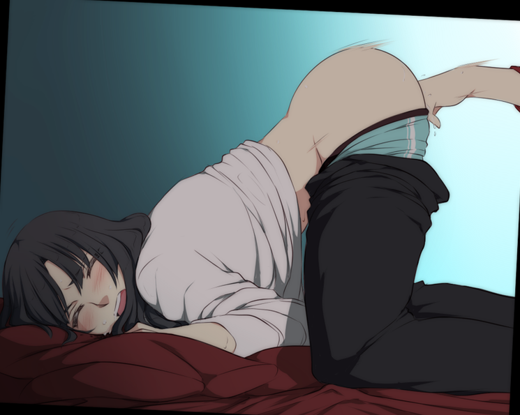 black_hair fingering kunizuka_yayoi long_hair neko_majin out_of_frame panties pants_pull panty_pull psycho-pass pussy_juice solo_focus top-down_bottom-up underwear