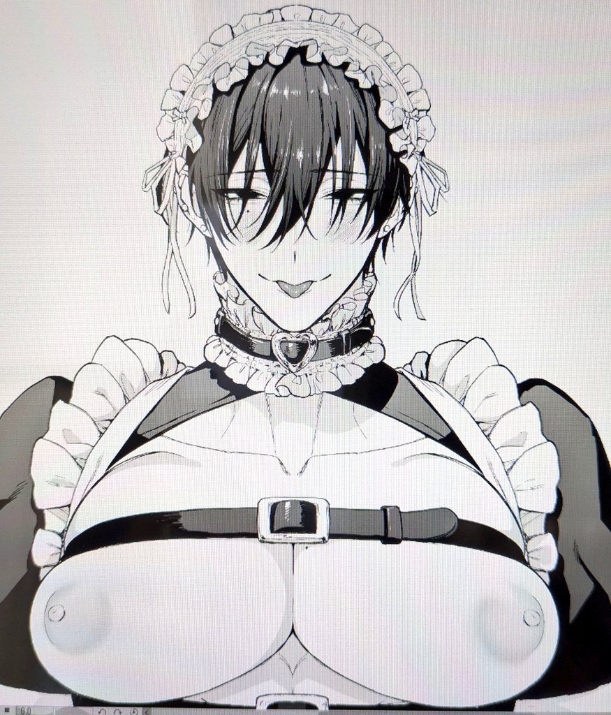 1boy, big breasts, breasts, busty, busty male, erect nipples, headgear, maid, maid outfit, male, male only, male with breasts, nipples, sketch, solo, solo male, tktetkt, tongue, tongue out