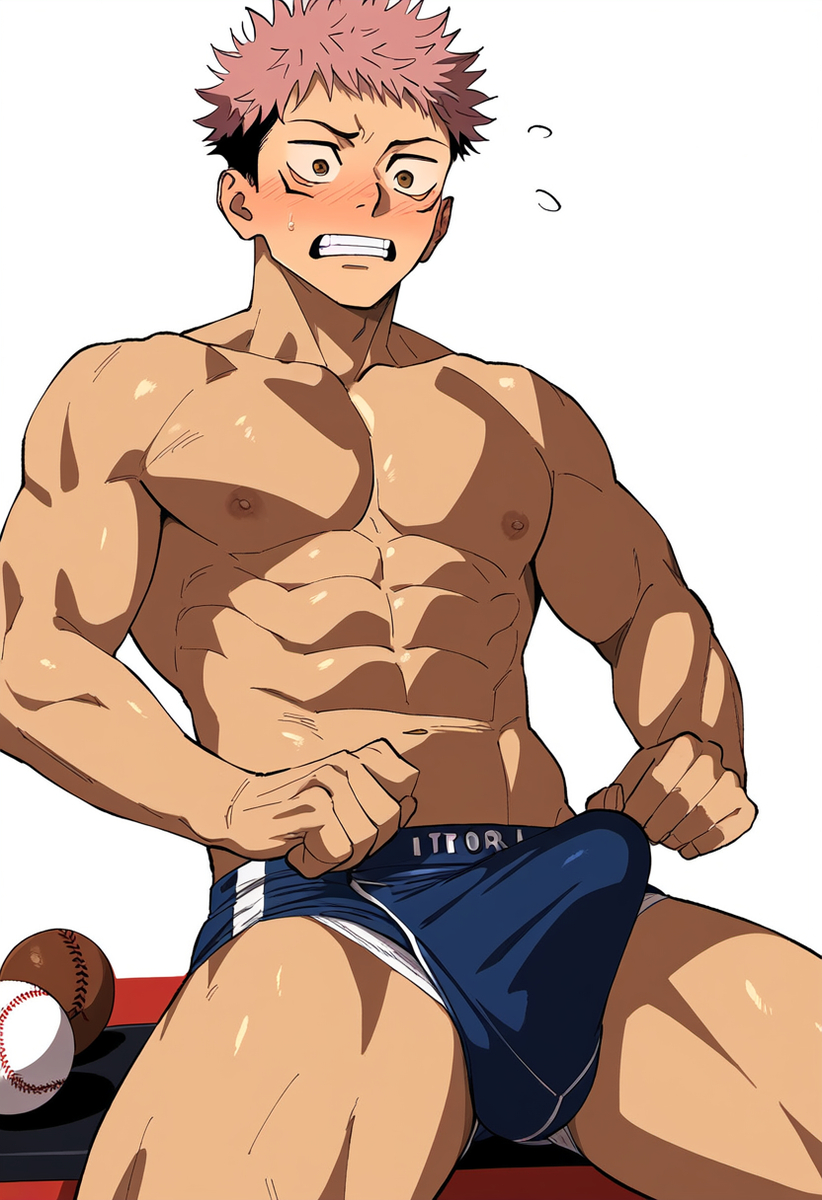 1boy ai_generated anal bara bare_pectorals cum gay itadori_yuuji jujutsu_kaisen male male_focus male_only muscular muscular_male penis solo solo_male yaoi