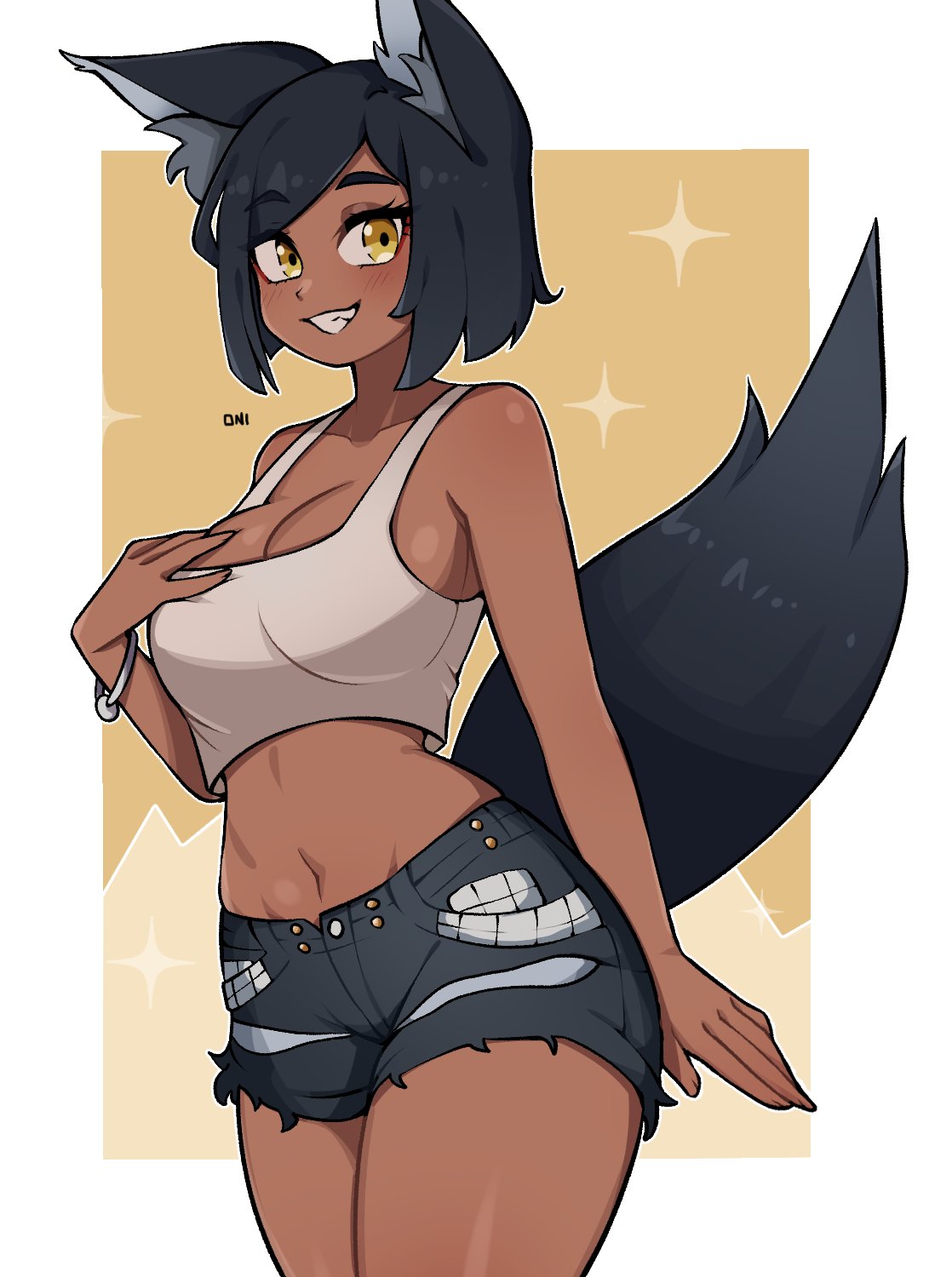 1girls big_breasts cleavage curvy curvy_female curvy_figure dark-skinned_female foxgirl highres oninuer solo tail tank_top thick thick_ass thick_legs thick_thighs wide_hips