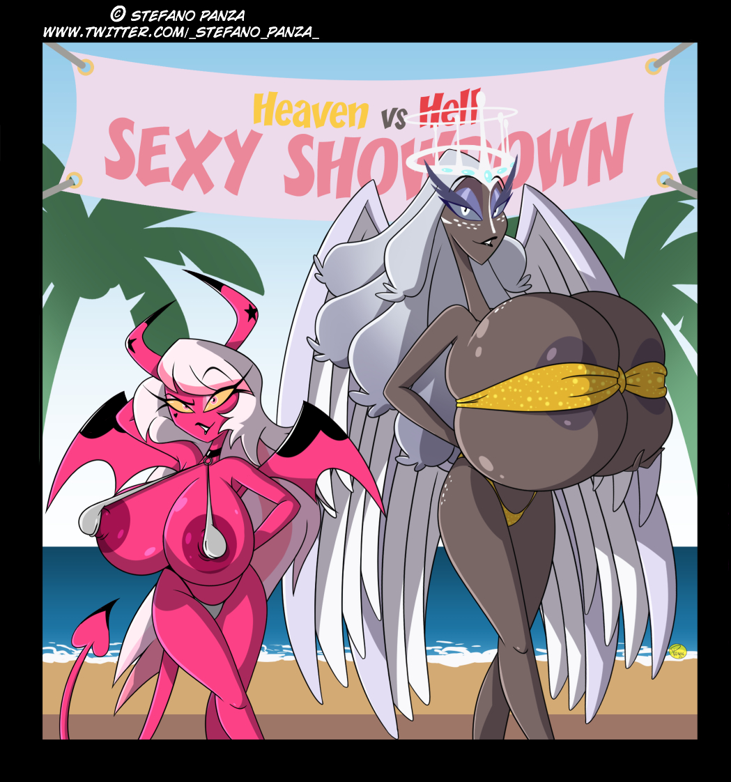 2girls angel angel_girl beach big_ass bikini breast_grab breasts_bigger_than_head demon demon_girl female female_only hazbin_hotel helluva_boss huge_breasts hyper_breasts ilpanza nipples_visible_through_bikini nipples_visible_through_clothing sera_(hazbin_hotel) sideass succubus verosika_mayday_(helluva_boss)