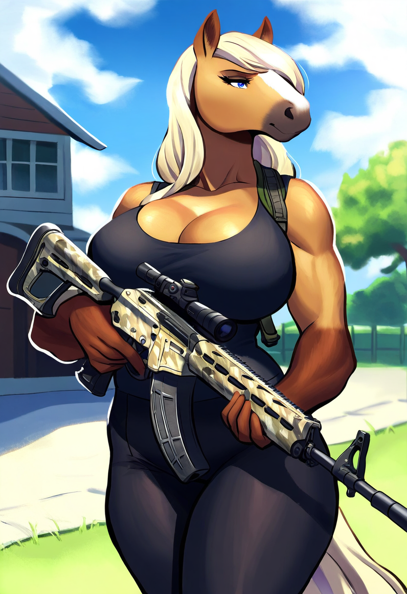 ai_generated anthro assault_rifle big_breasts black_leggings black_tank_top blonde_hair blue_eyes brown_body brown_fur cleavage curvy draft_horse equid equine furry furry_focus holding_gun holding_weapon horse horse_girl hourglass_figure large_breasts leggings long_hair majorfluffy mature_anthro mature_female novelai ranged_weapon tagme tank_top thick_thighs trigger_discipline two_tone_body white_body white_fur wide_hips