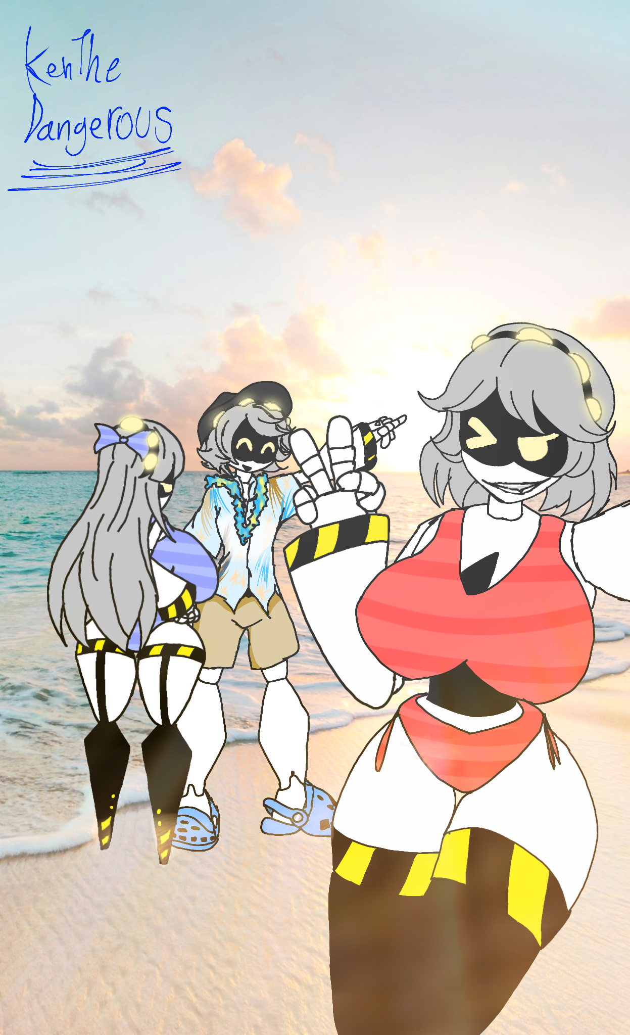 1boy, 2girls, beach, bikini, j (murder drones), kenthedangerous (artist), murder drones, n (murder drones), taking picture, talking, v (murder drones)