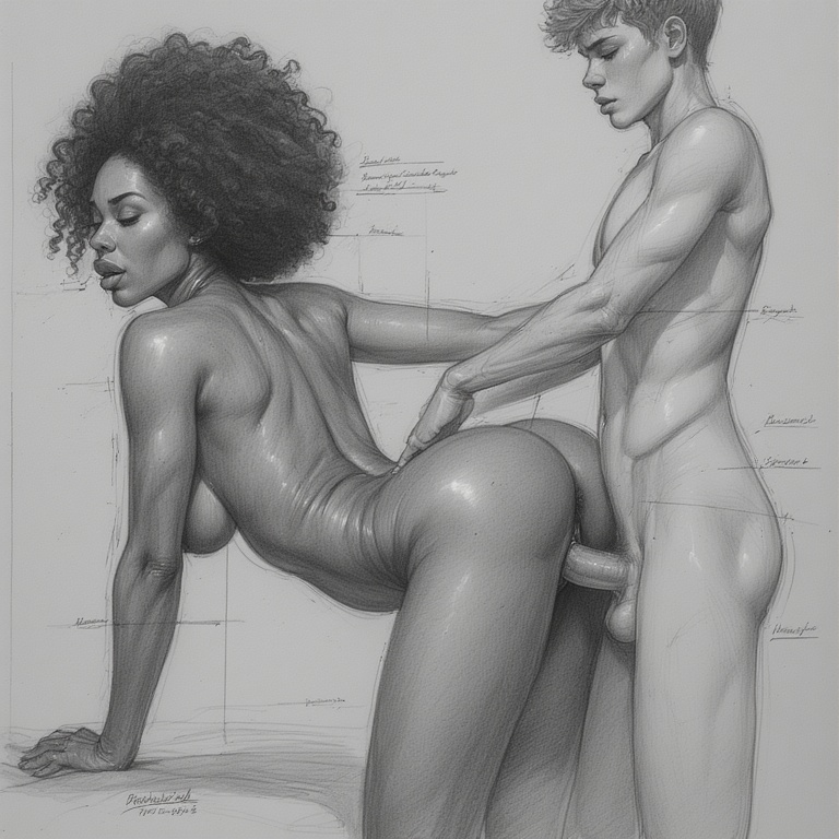 african female, afro, ai generated, caucasian male, closed eyes, dark-skinned female, light-skinned male, milf, naked, nude, older female, original, original character, painting (artwork), penis in pussy, sketch, standing sex, teenager, younger male, younger penetrating older